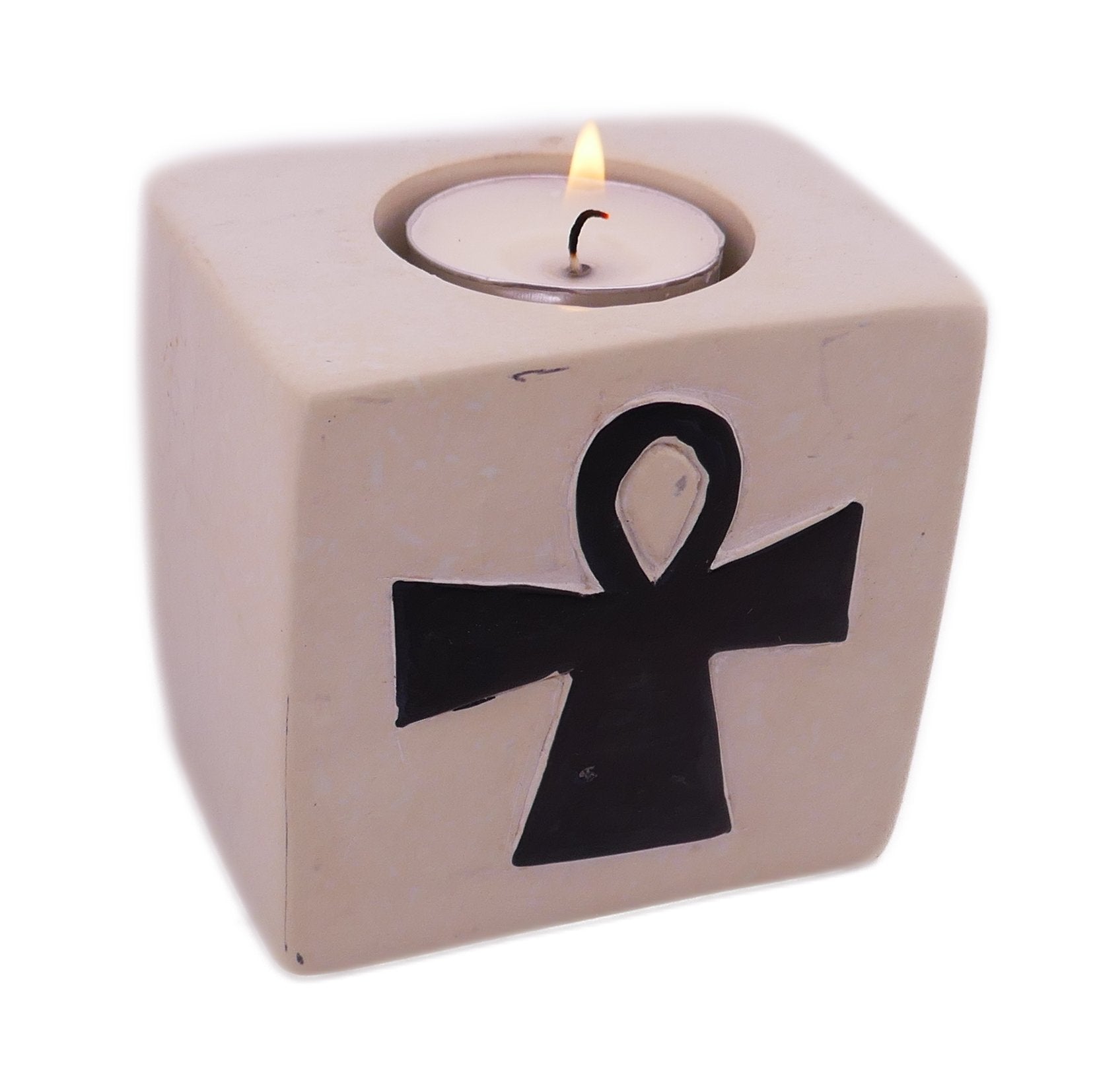 Stone Tealight Holder Egyptian Ankh Cross Symbol of Life Rectangle 8cm B&W or Orange with Storycard - FriendlyTradingCo