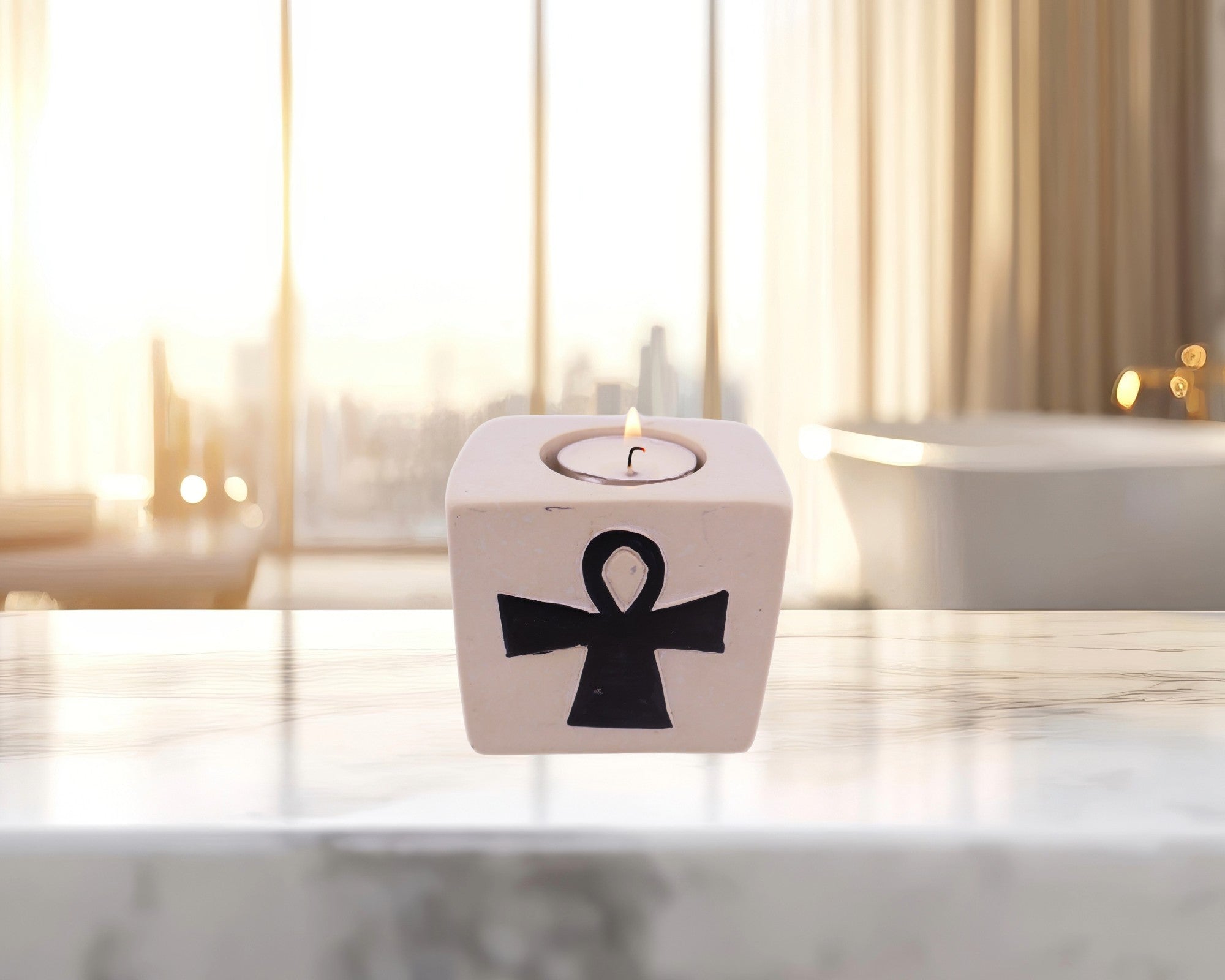 Stone Tealight Holder Egyptian Ankh Cross Symbol of Life Rectangle 8cm B&W or Orange with Storycard - FriendlyTradingCo