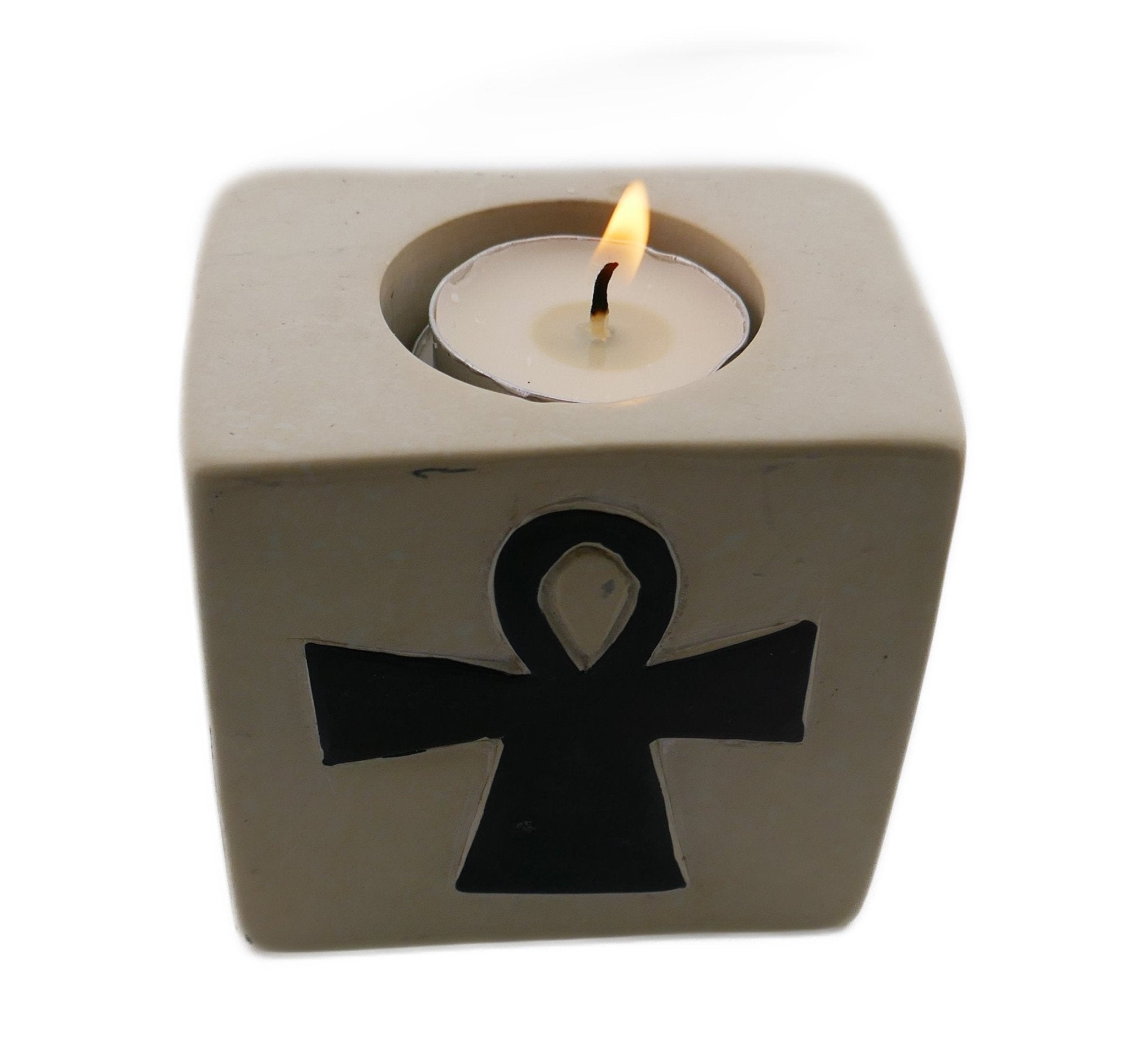 Stone Tealight Holder Egyptian Ankh Cross Symbol of Life Rectangle 8cm B&W or Orange with Storycard - FriendlyTradingCo