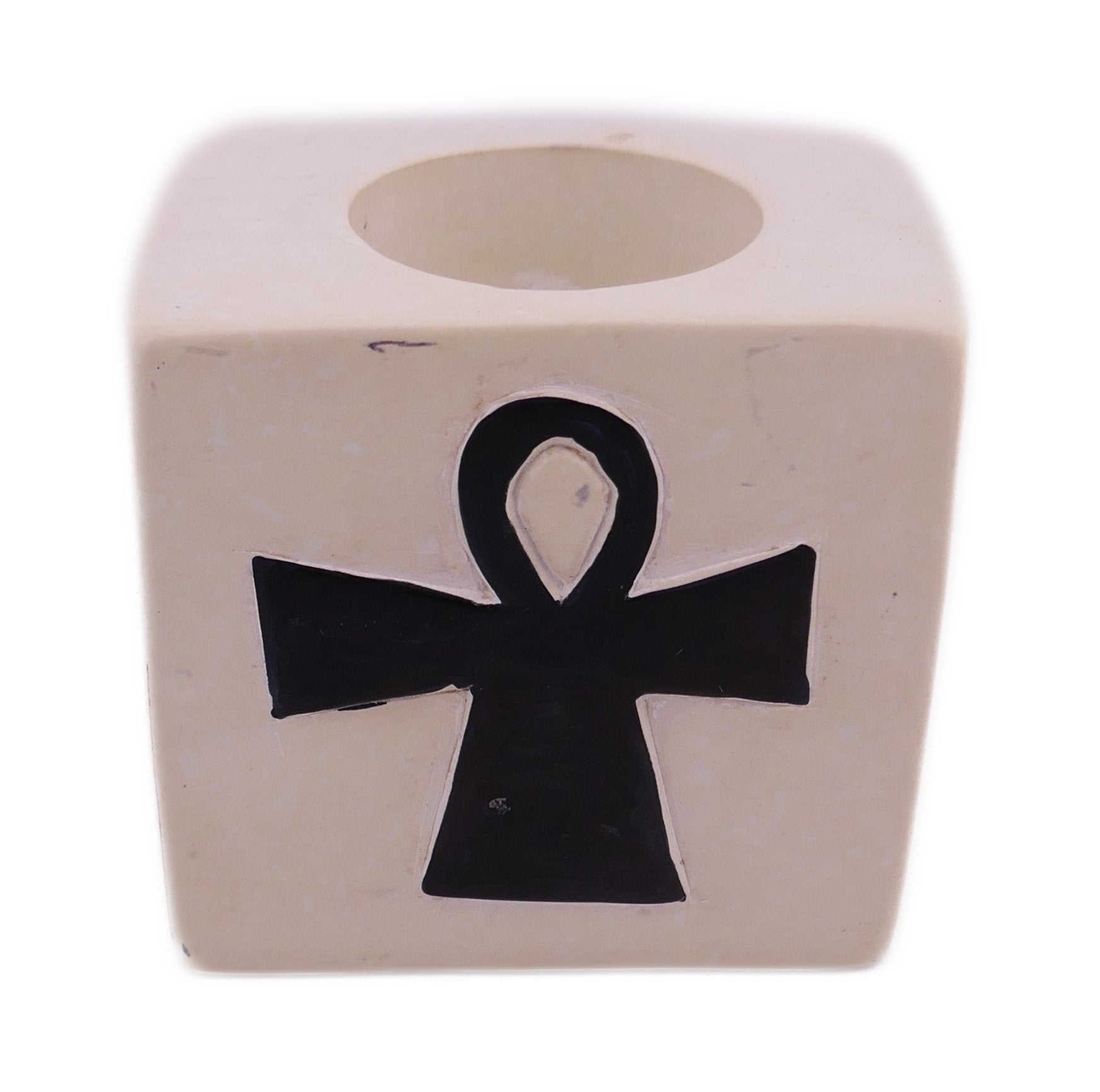 Stone Tealight Holder Egyptian Ankh Cross Symbol of Life Rectangle 8cm B&W or Orange with Storycard - FriendlyTradingCo