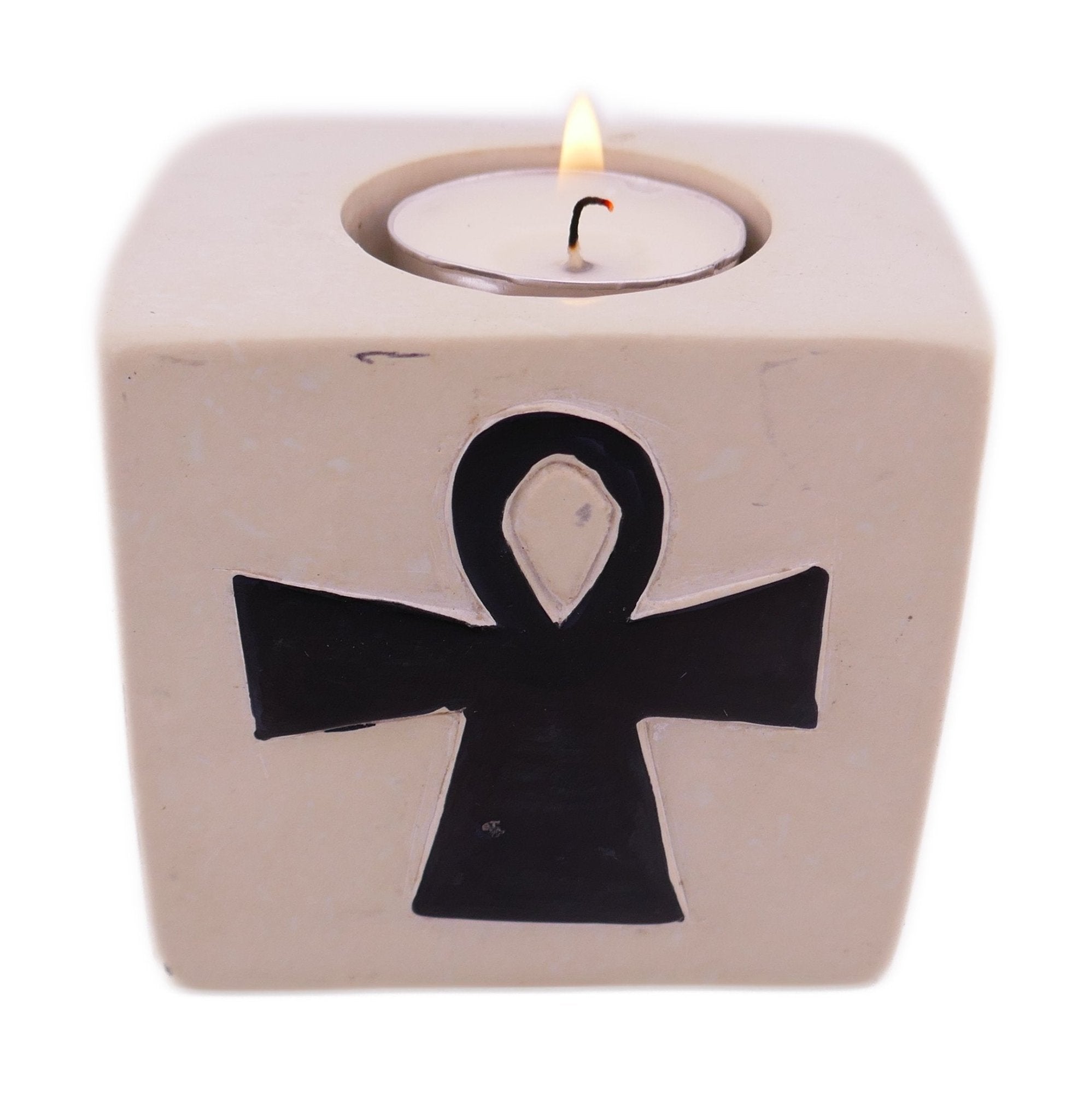 Stone Tealight Holder Egyptian Ankh Cross Symbol of Life Rectangle 8cm B&W or Orange with Storycard - FriendlyTradingCo