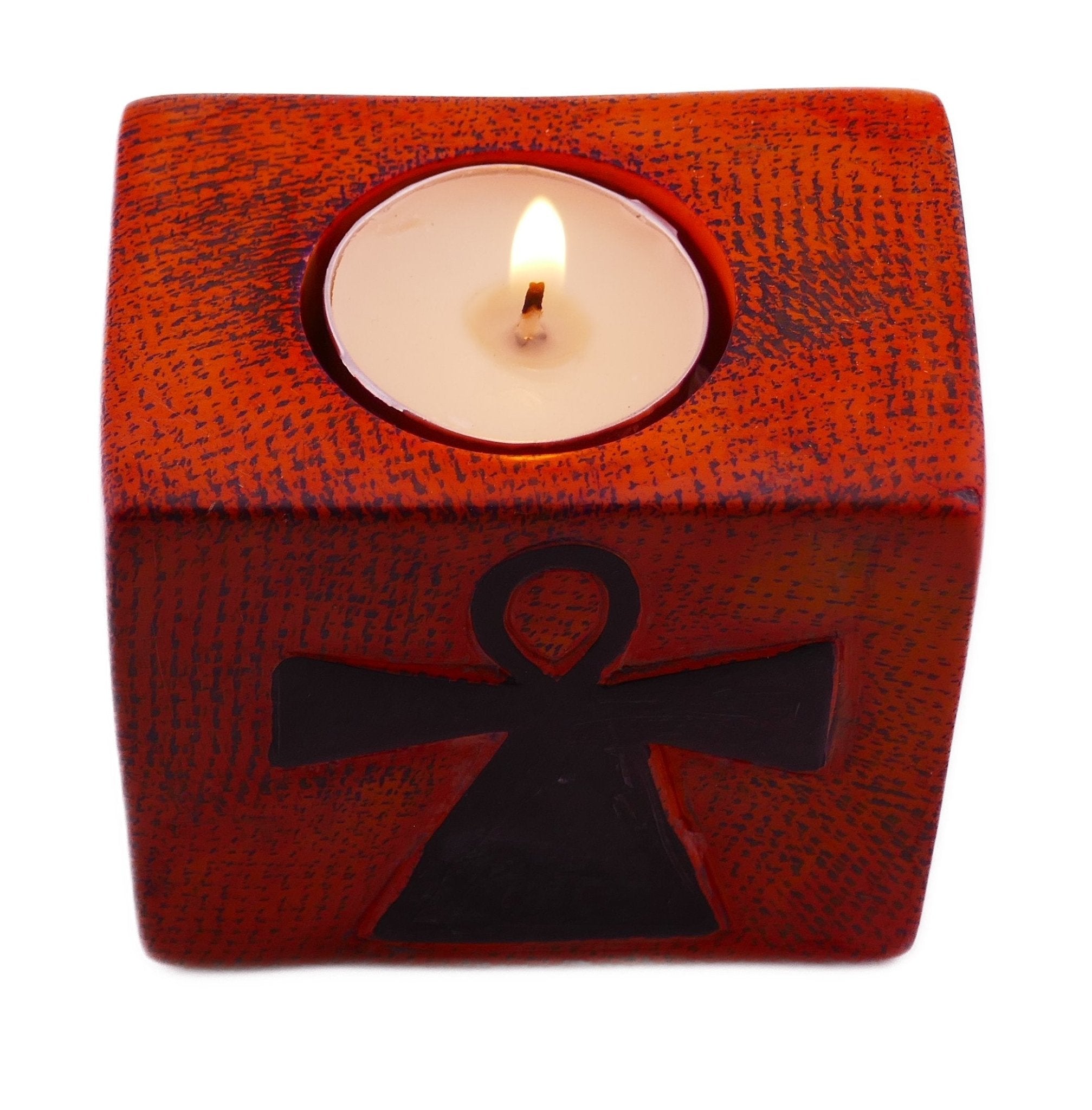 Stone Tealight Holder Egyptian Ankh Cross Symbol of Life Rectangle 8cm B&W or Orange with Storycard - FriendlyTradingCo