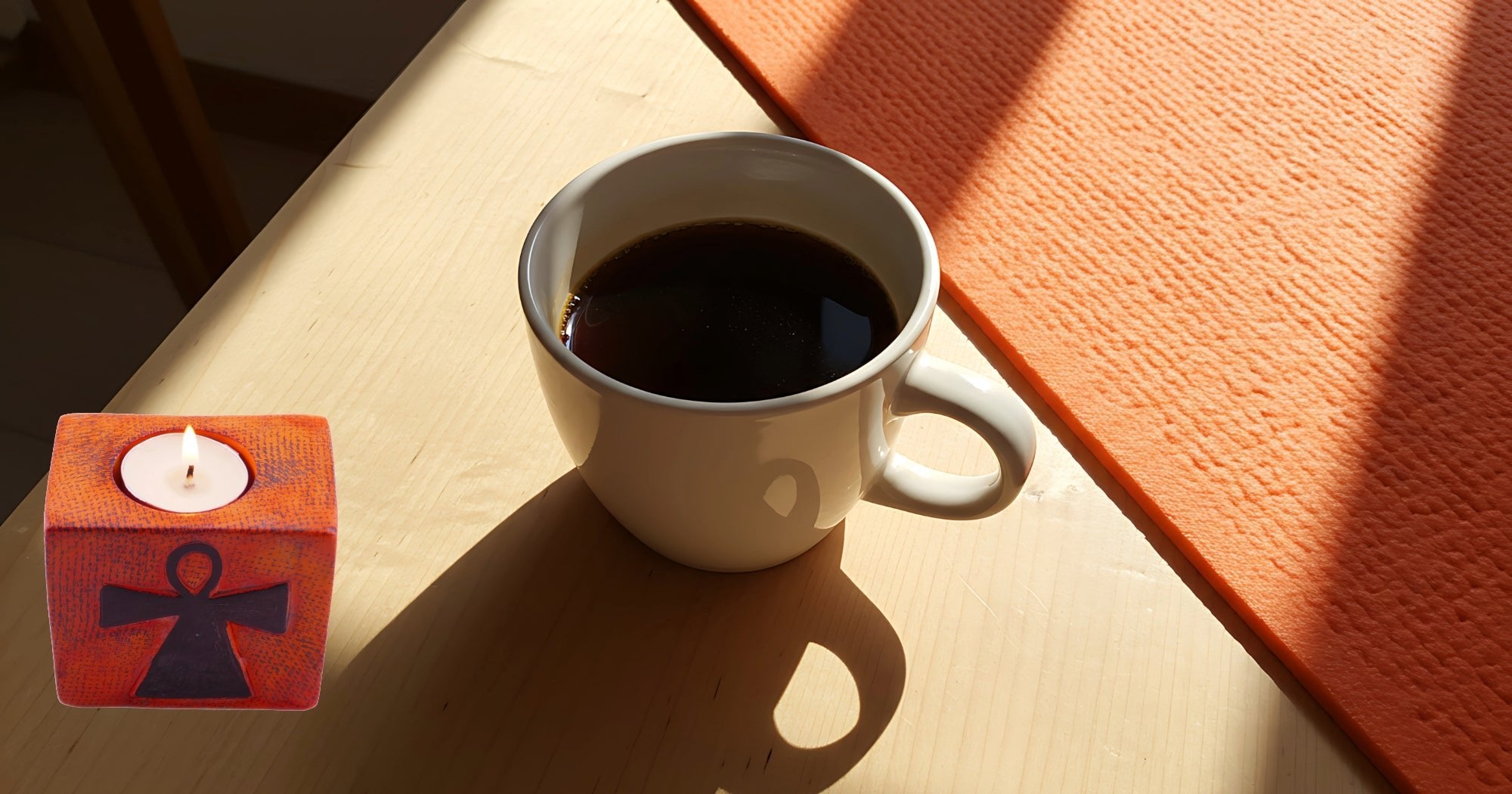 Stone Tealight Holder Egyptian Ankh Cross Symbol of Life Rectangle 8cm B&W or Orange with Storycard - FriendlyTradingCo