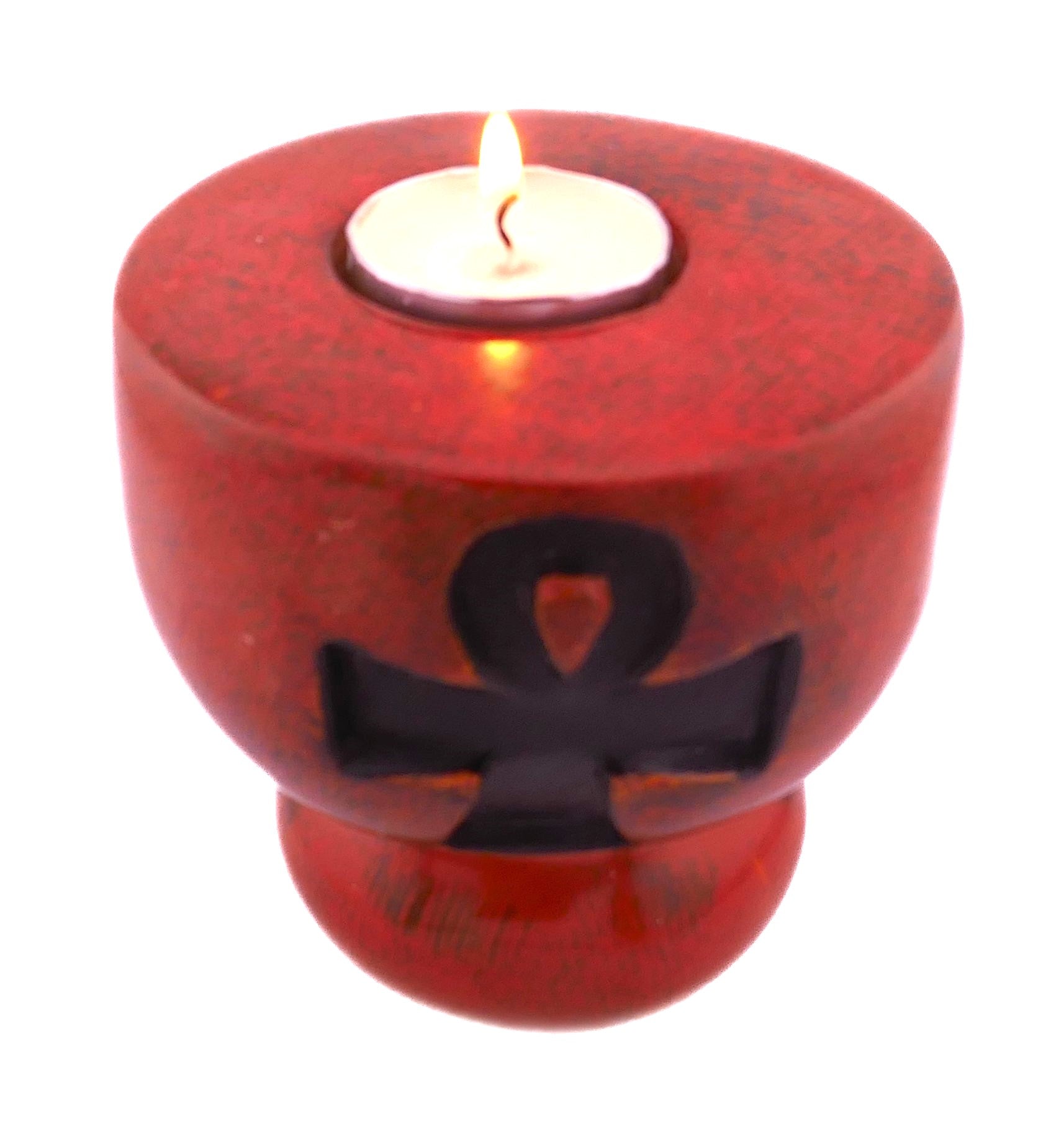 Stone Tealight Holder // Egyptian Ankh Cross Symbol of Life // Round 9cm B&W or Orange // with tealight candle & Storycard - FriendlyTradingCo