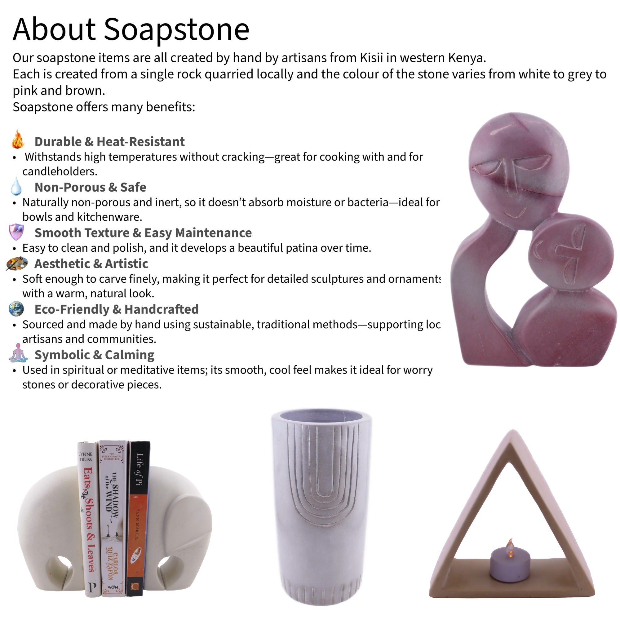 Stone Thinker Sculpture // Two handed stone sculpture 14 cm / Hand crafted in Africa // +Storycard - FriendlyTradingCo