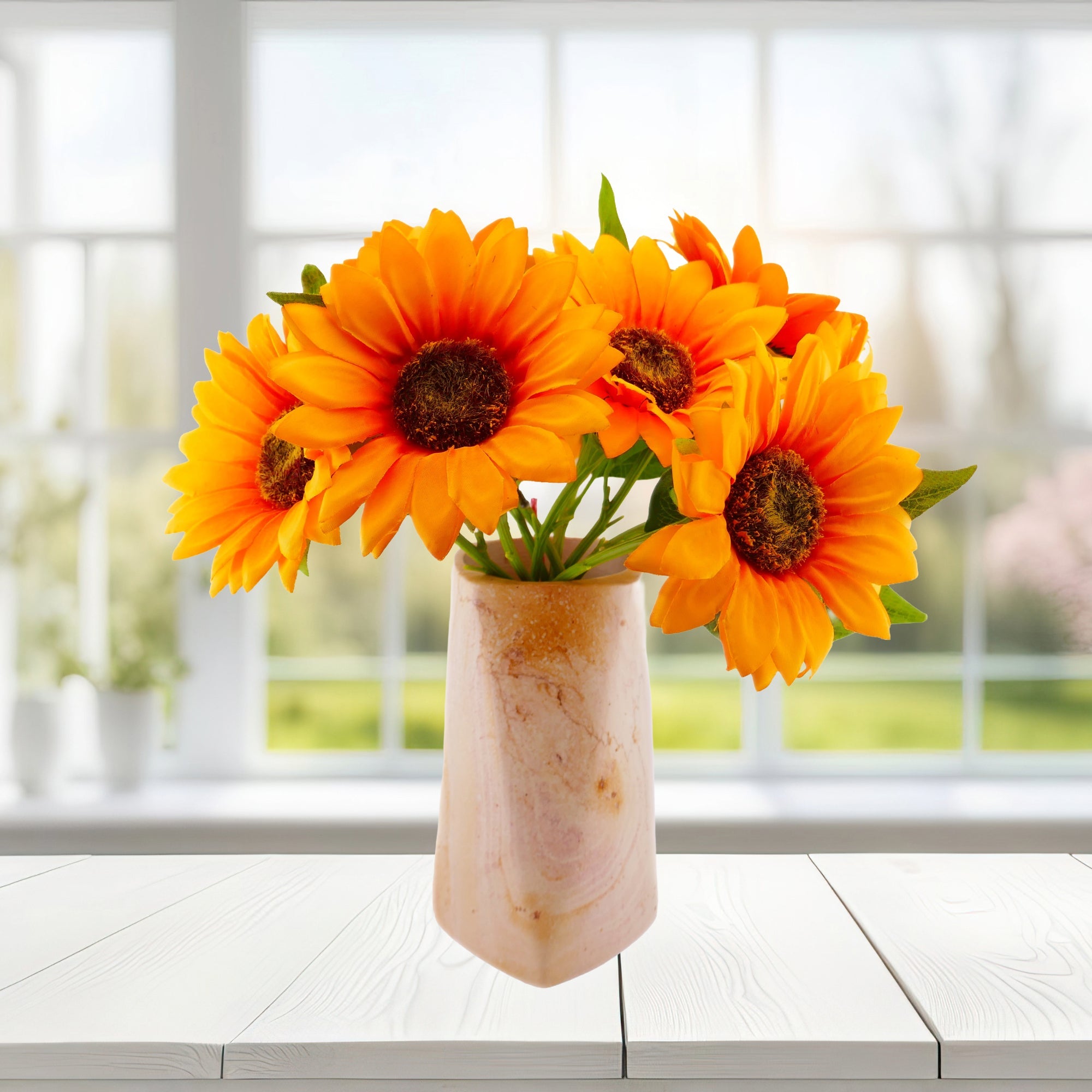 Tall 8 - sided Stone Vase hand made 18cm 2kg with Storycard Natural or Burnt Orange - FriendlyTradingCo