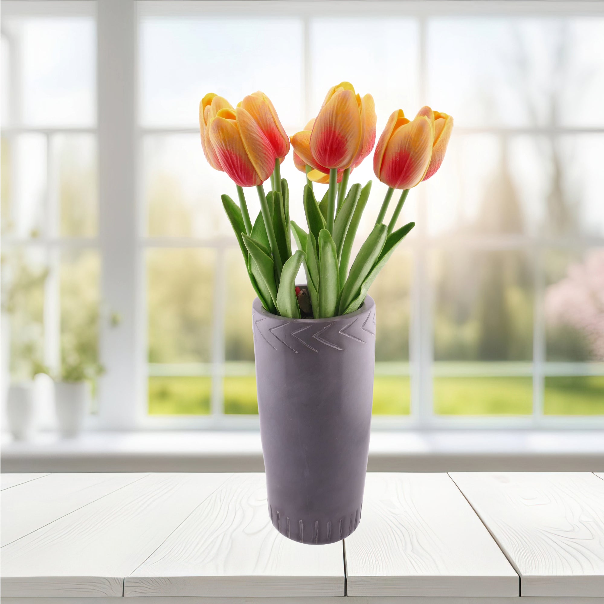 Tall Decorated Grey Stone Pillar Vase hand made 20cm 1.5kg with Storycard - FriendlyTradingCo