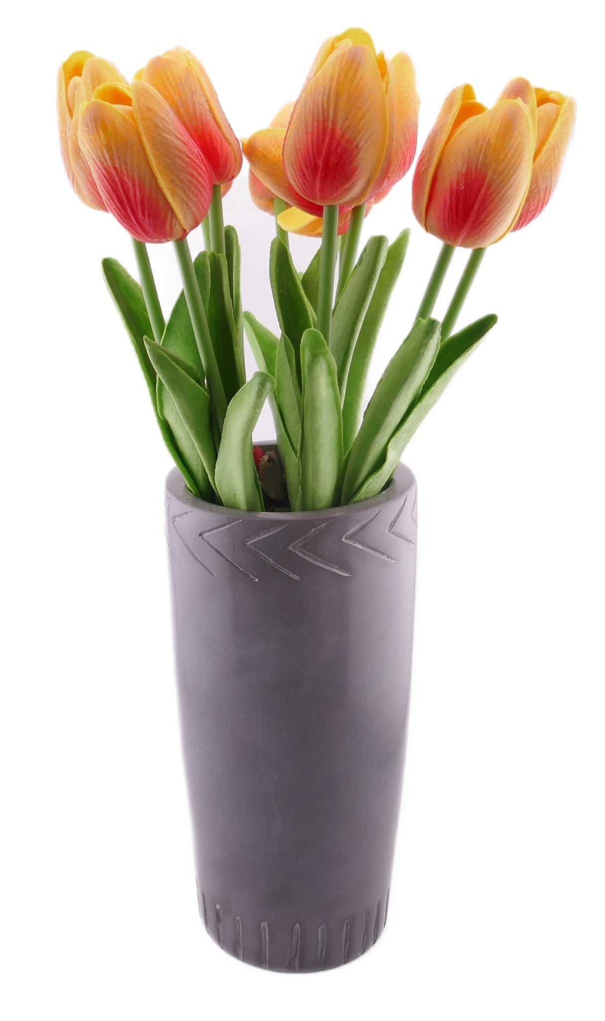 Tall Decorated Grey Stone Pillar Vase hand made 20cm 1.5kg with Storycard - FriendlyTradingCo