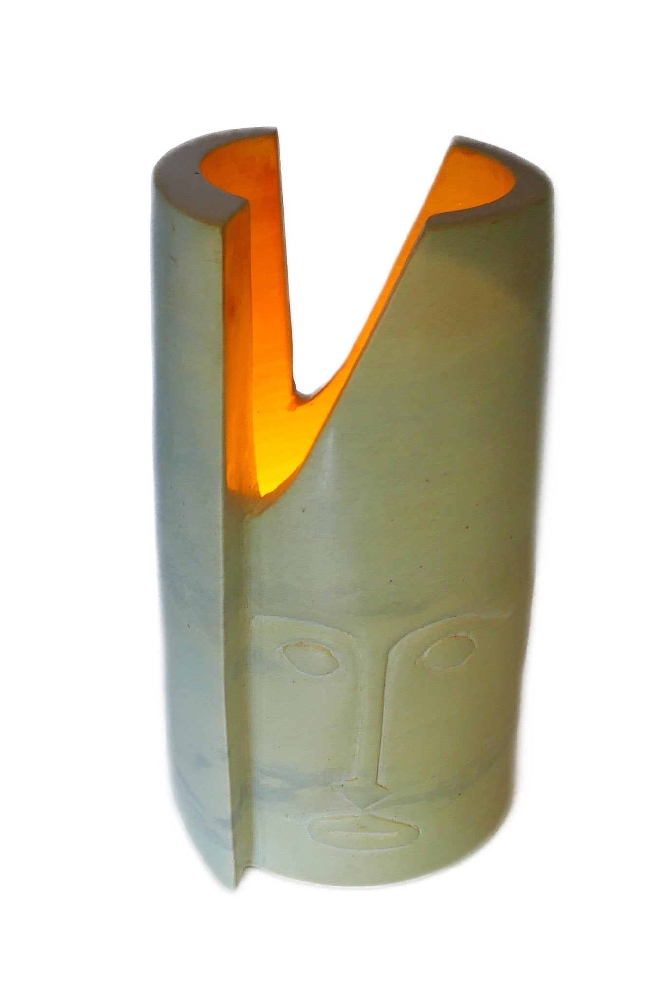 Tall Stone Face Tealight Candle Lamp hand made 19cm heavy 2 kg with Storycard - FriendlyTradingCo