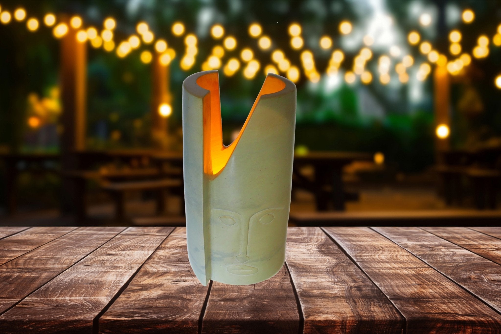 Tall Stone Face Tealight Candle Lamp hand made 19cm heavy 2 kg with Storycard - FriendlyTradingCo