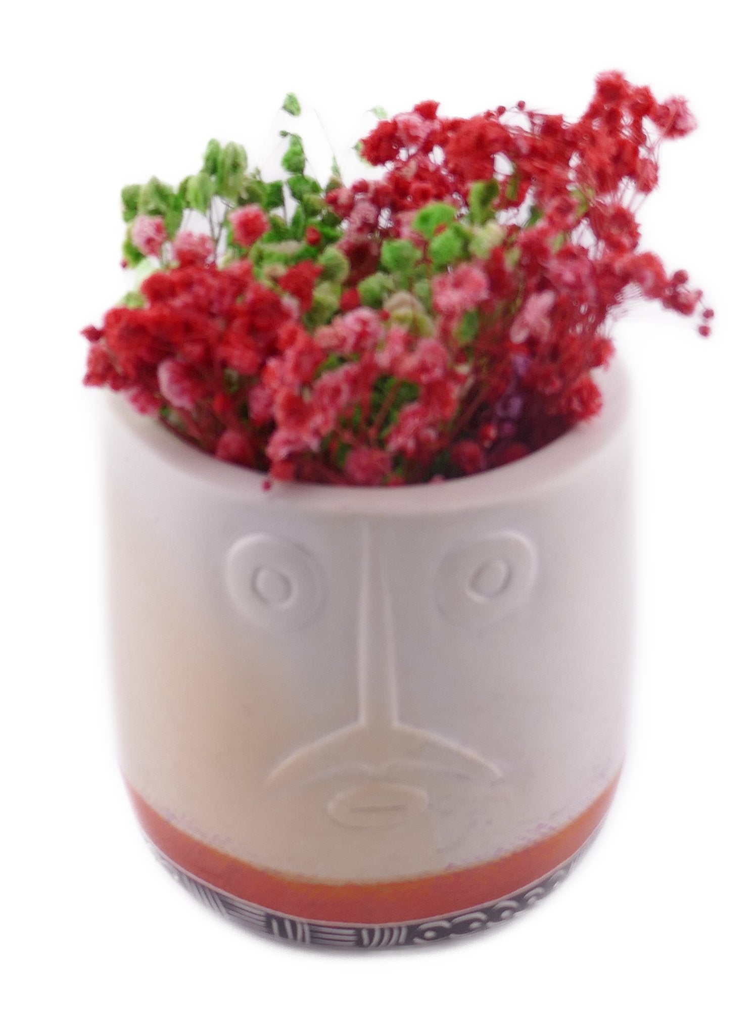 Tall Stone Vase African warrior face design hand made 10cm with Storycard Orange stripe - FriendlyTradingCo