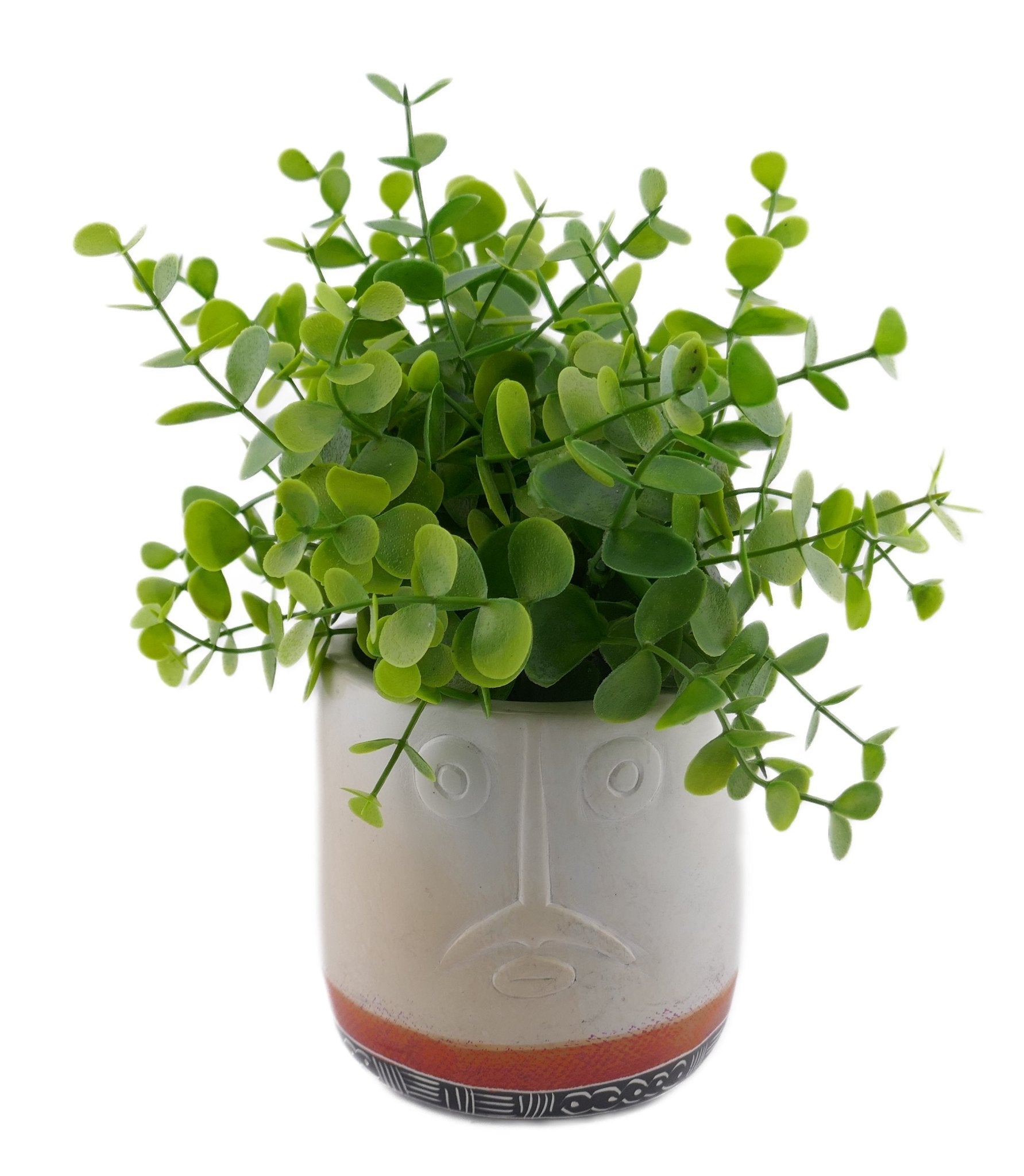 Tall Stone Vase African warrior face design hand made 10cm with Storycard Orange stripe - FriendlyTradingCo