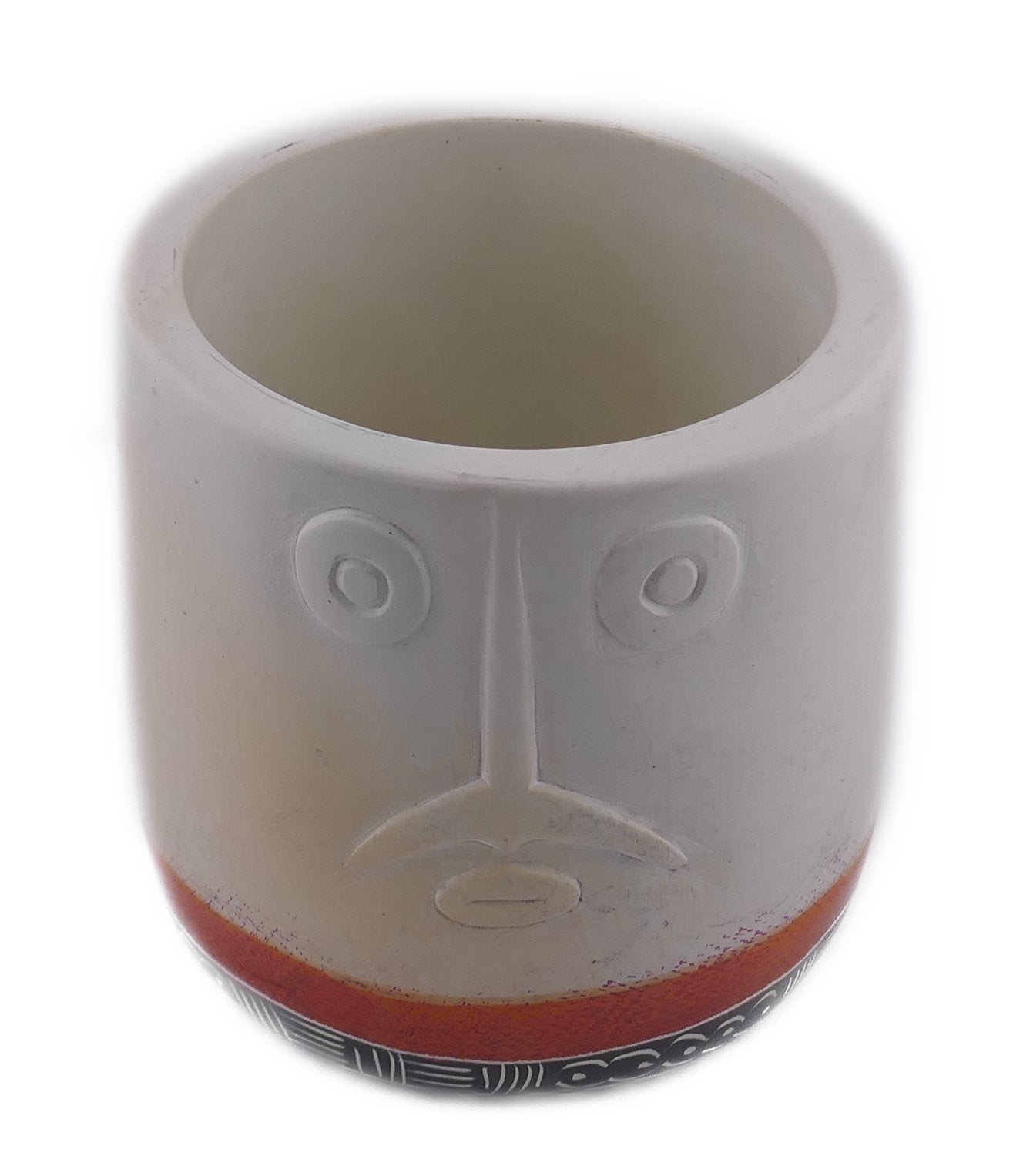 Tall Stone Vase African warrior face design hand made 10cm with Storycard Orange stripe - FriendlyTradingCo