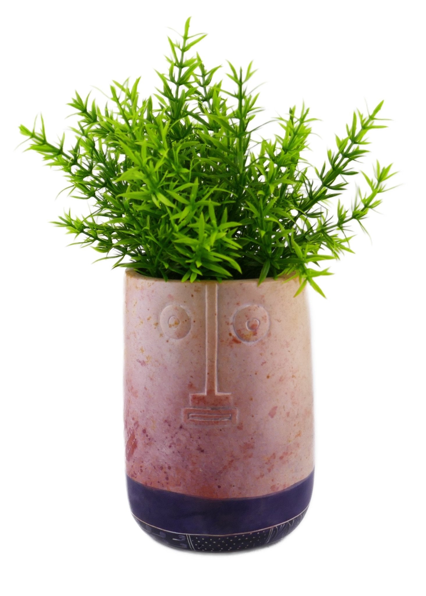 Tall Stone Vase African warrior face design hand made 16cm 1.5 kg with Storycard Blue stripe - FriendlyTradingCo