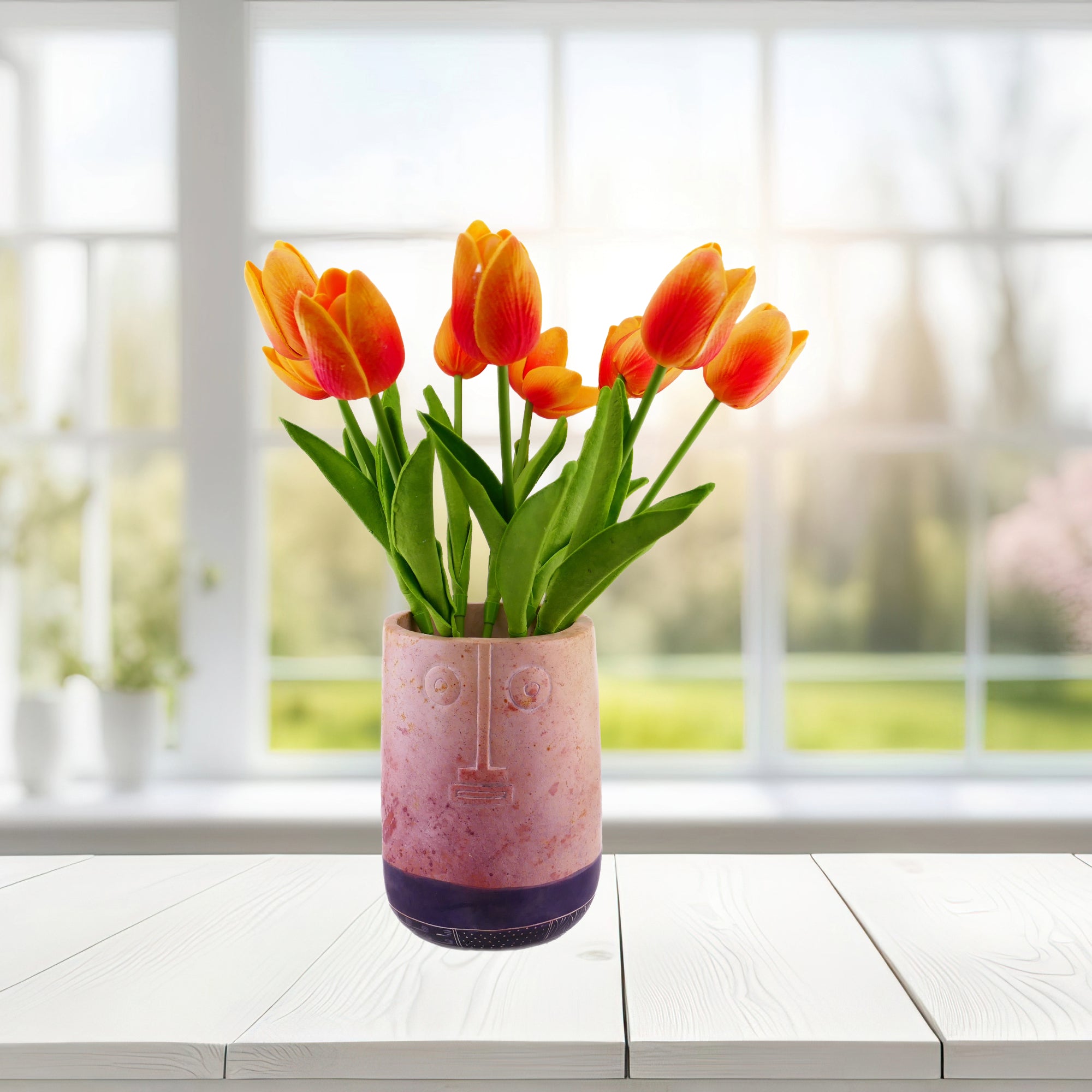 Tall Stone Vase African warrior face design hand made 16cm 1.5 kg with Storycard Blue stripe - FriendlyTradingCo