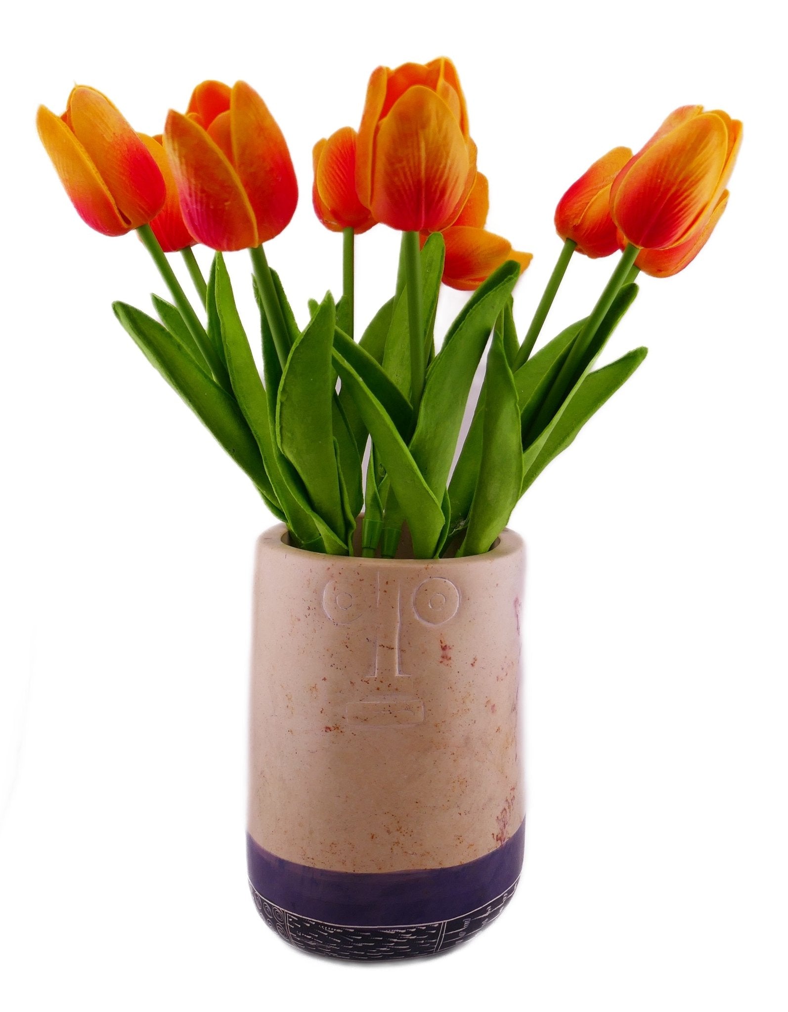 Tall Stone Vase African warrior face design hand made 16cm 1.5 kg with Storycard Blue stripe - FriendlyTradingCo