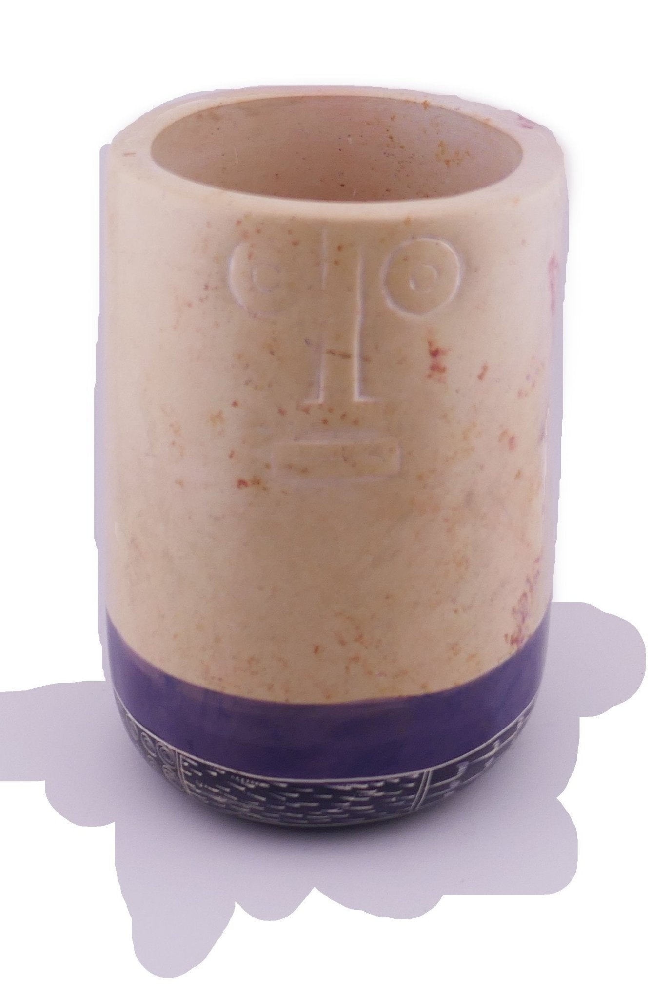 Tall Stone Vase African warrior face design hand made 16cm 1.5 kg with Storycard Blue stripe - FriendlyTradingCo