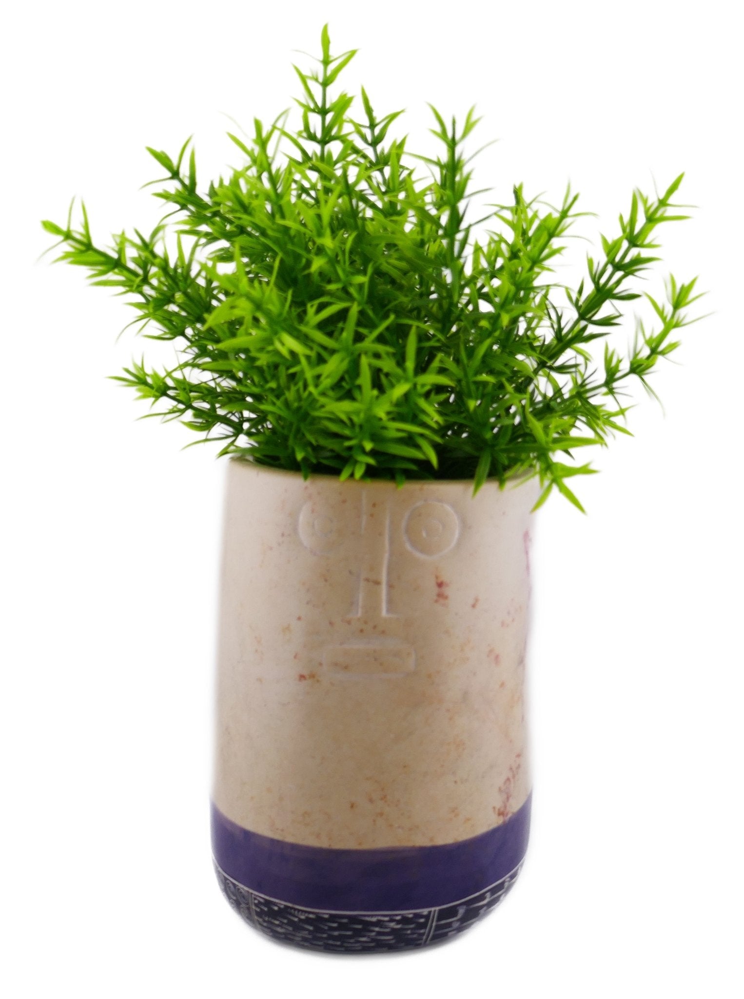 Tall Stone Vase African warrior face design hand made 16cm 1.5 kg with Storycard Blue stripe - FriendlyTradingCo