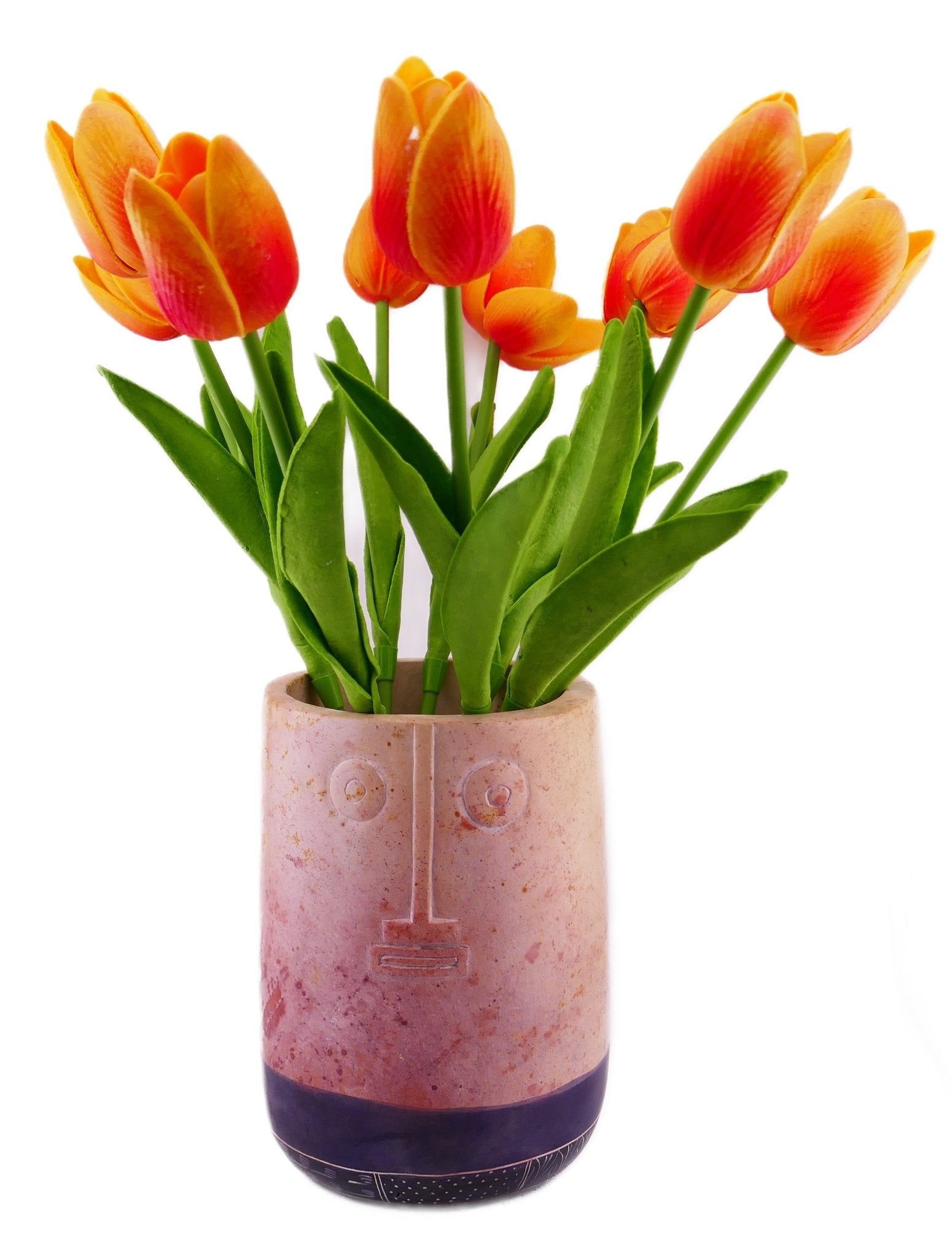 Tall Stone Vase African warrior face design hand made 16cm 1.5 kg with Storycard Blue stripe - FriendlyTradingCo