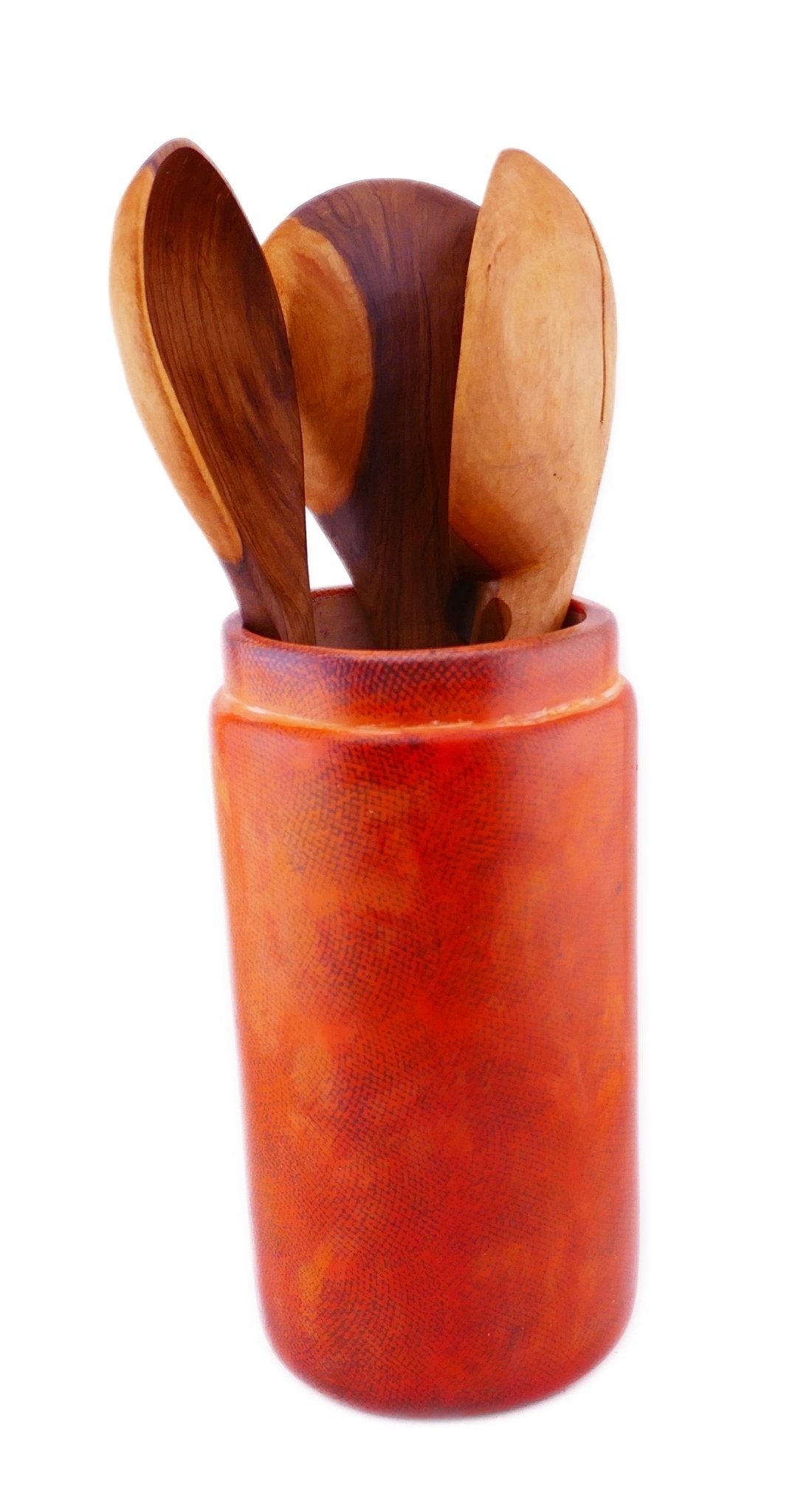 Tall Stone vivid orange Kitchen Utensil Holder // with rim // hand made 20cm 2kg with Storycard - FriendlyTradingCo