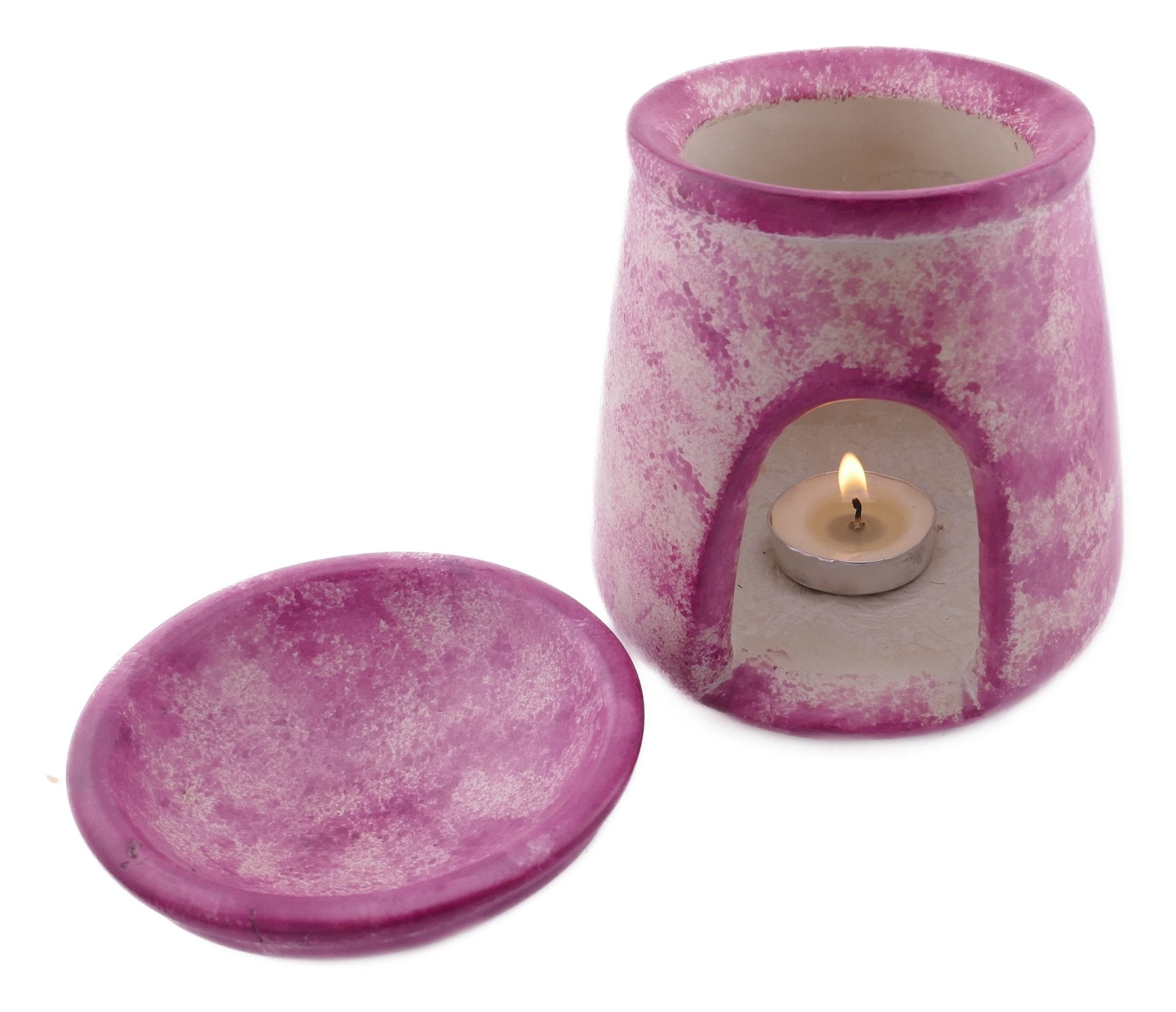 Tealight Candle Holder Essential Oil Burner stone sculpture 12 cm Lilac Swirls with Storycard - FriendlyTradingCo