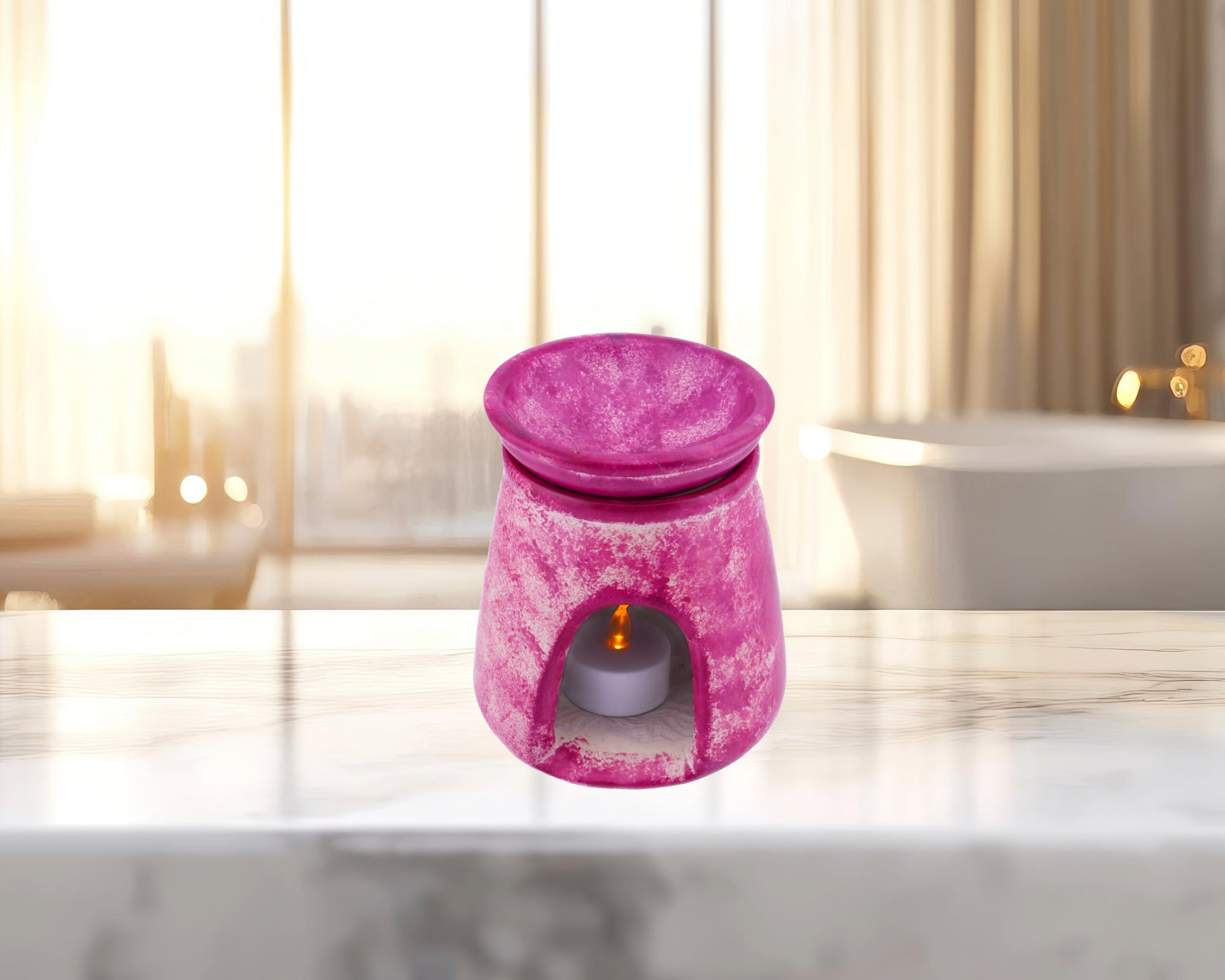 Tealight Candle Holder Essential Oil Burner stone sculpture 12 cm Lilac Swirls with Storycard - FriendlyTradingCo