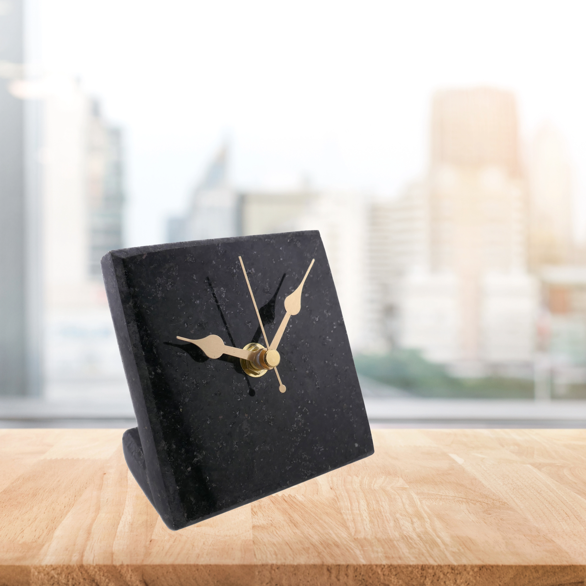 Handmade Granite Desk Clock – African Design, Natural Black Stone, Quartz Movement, Compact Freestanding 10×10×6 cm – Friendly Trading Co