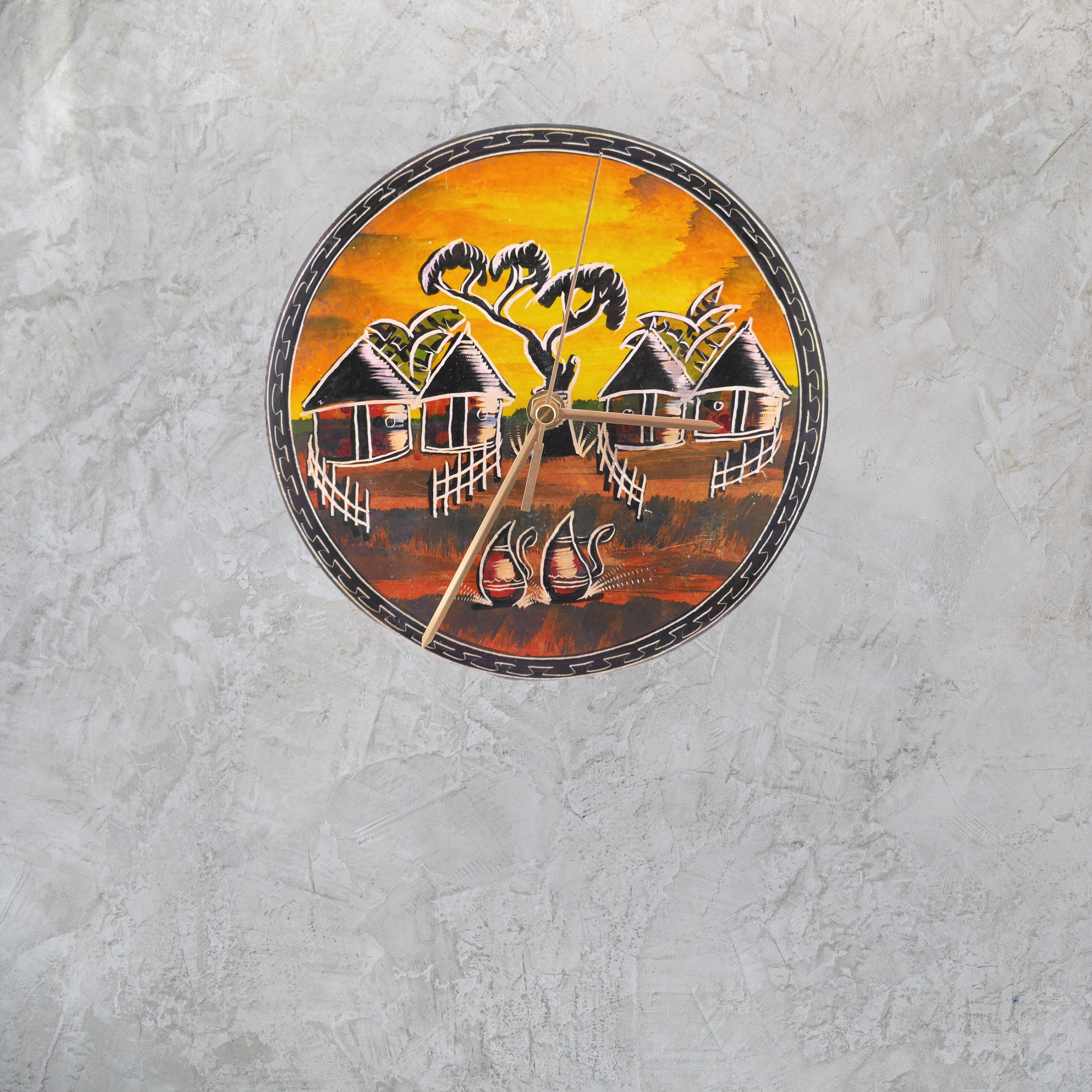 Handcrafted African Stone Wall Clock 8 inch – Artisan‑made, African Life Designs, Natural Stone, Dancers, Village Huts, Giraffes, Quartz Movement, Ready to Hang