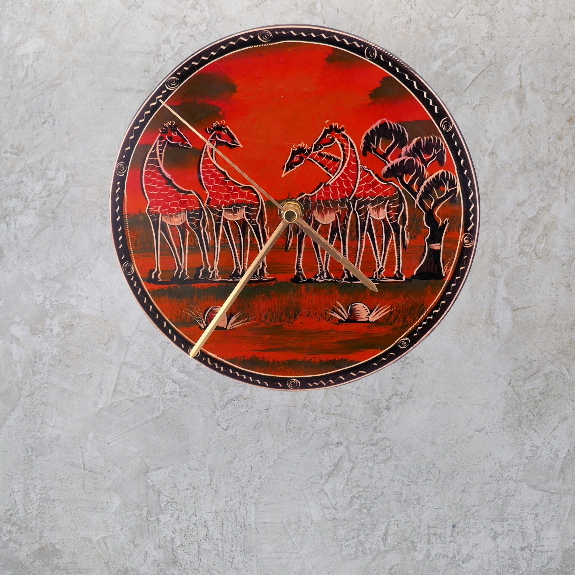 Handcrafted African Stone Wall Clock 8 inch – Artisan‑made, African Life Designs, Natural Stone, Dancers, Village Huts, Giraffes, Quartz Movement, Ready to Hang