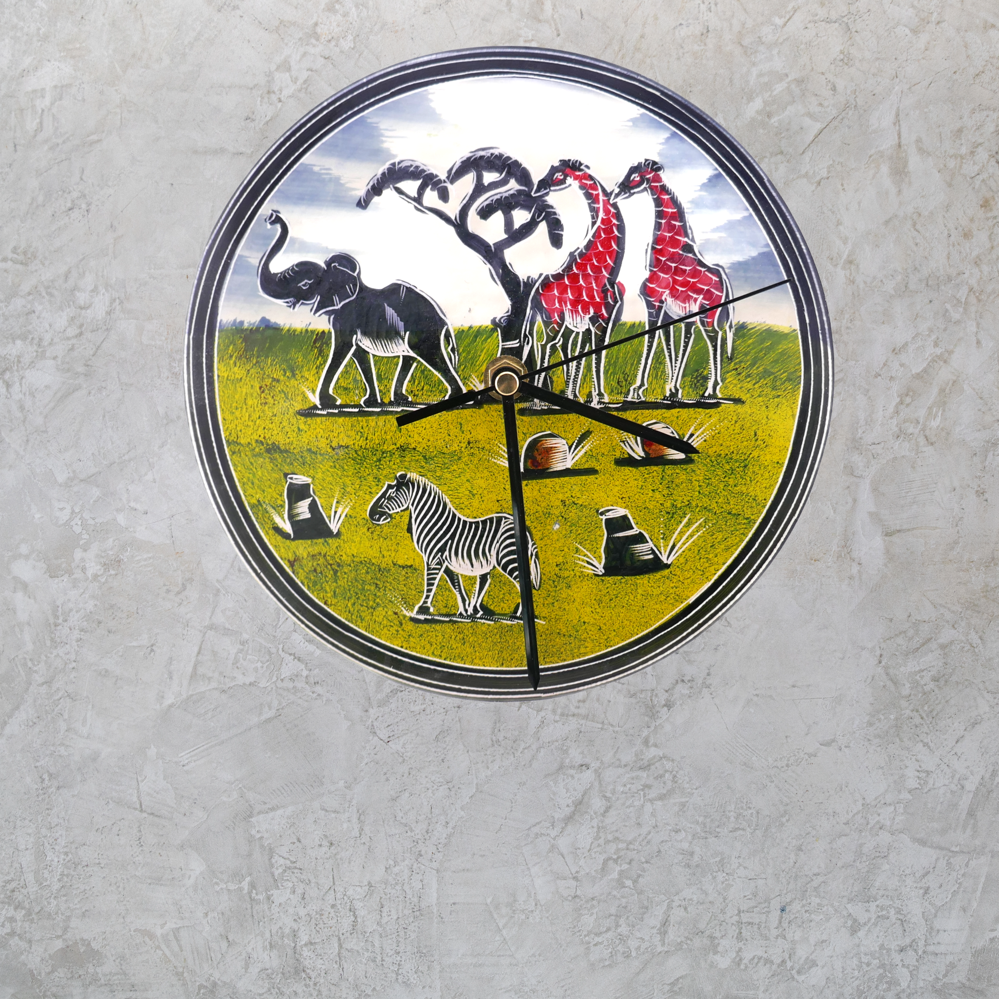 Handcrafted African Stone Wall Clock 8 inch – Artisan‑made, African Wildlife Design, Natural Stone, Elephant, Zebra, Giraffes, Quartz Movement, Ready to Hang