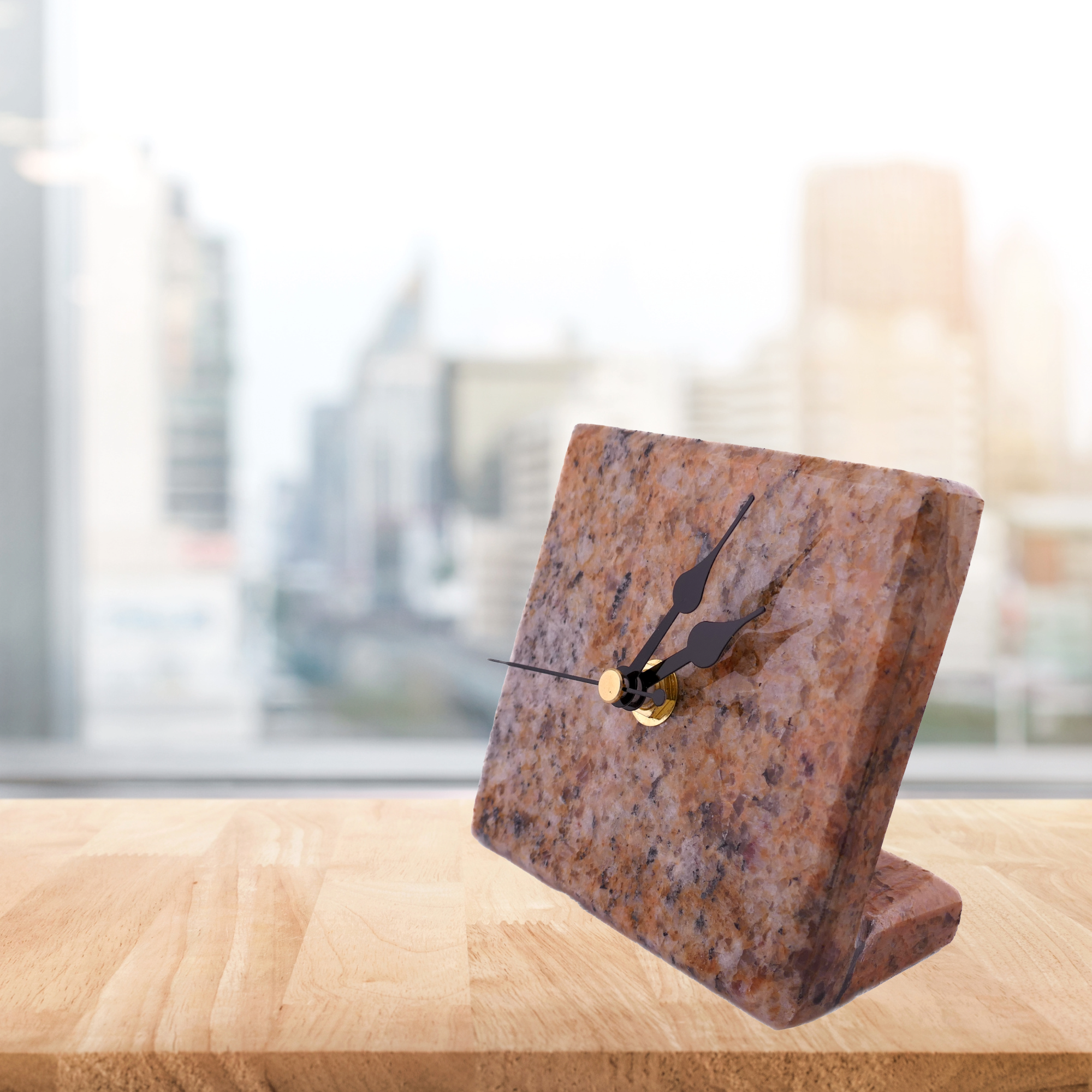 Handmade Granite Desk Clock – African Design, Natural Pink Stone, Quartz Movement, Compact Freestanding 10×10×6 cm – Friendly Trading Co