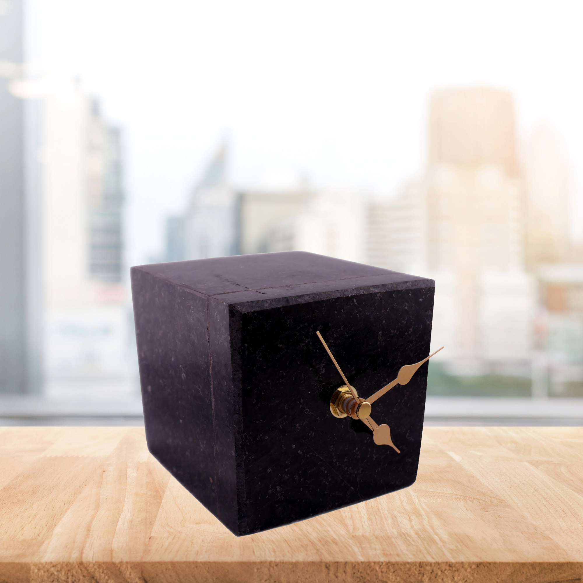 Handmade Granite Cube Desk Clock – African Design, Natural Black Stone, Quartz Movement, Compact Freestanding 10×10×6 cm – Friendly Trading Co
