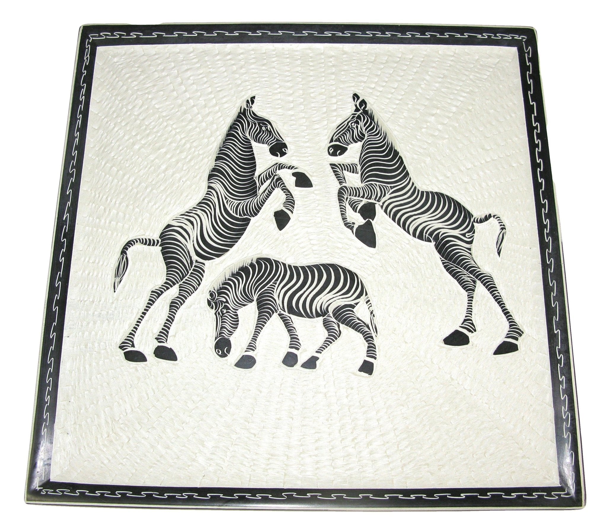 African Square Decorative Tray Server Fruit Bowl // Soapstone 10 inch 25cm // wildlife designs + storycard - FriendlyTradingCo