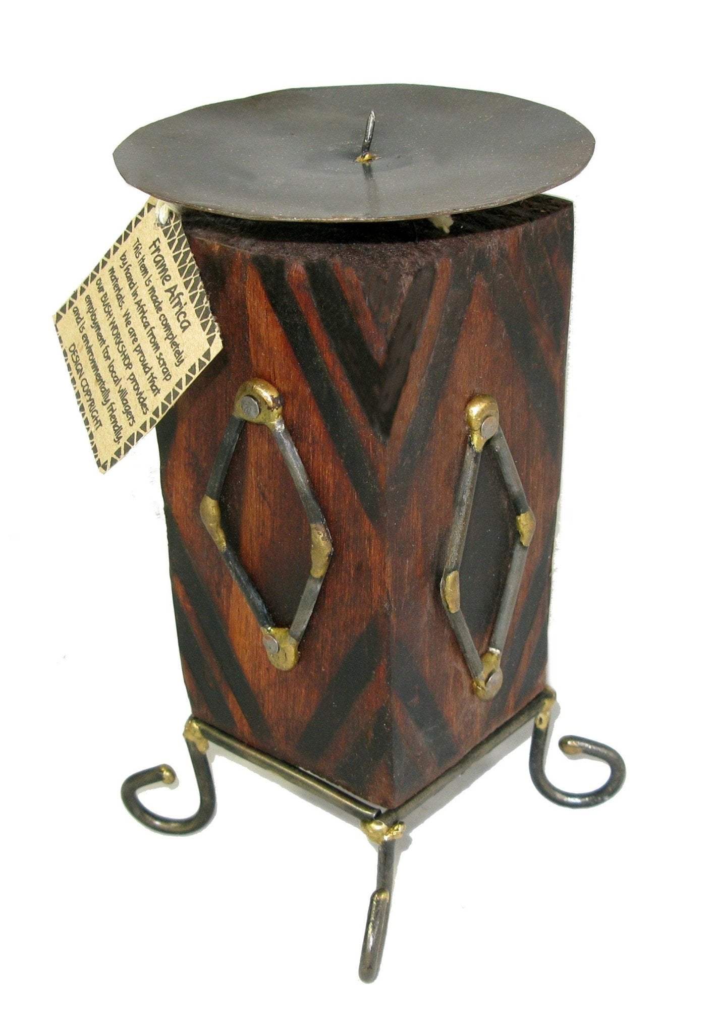 African Wood & Metal Tealight Candle Holder Handcrafted from Sustainable Wood Tall 18 x 10 cm or 17 x 7 cm sizes with Story - card - FriendlyTradingCo