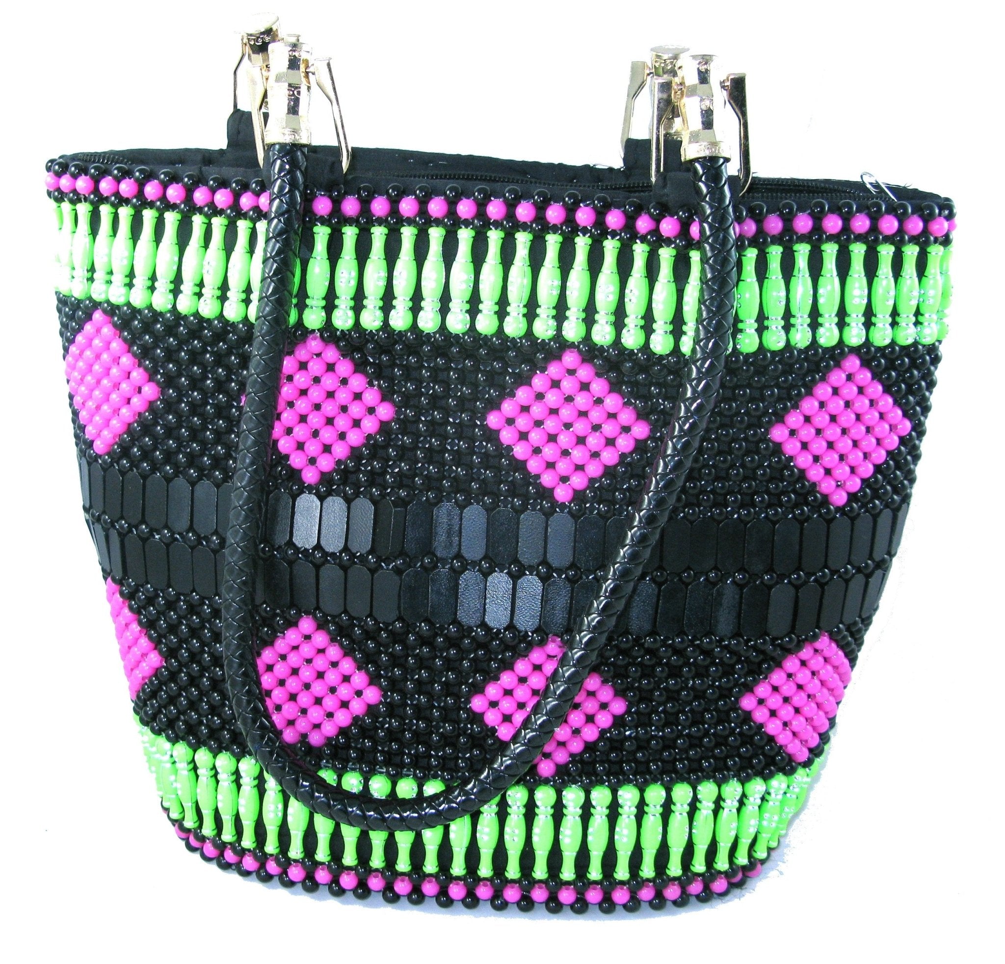 Beaded Leather Fashion Tote Handbag Bag - African Maasai Warrior Design - 33 x 26cm Lined with Zipped Pocket with StoryCard - FriendlyTradingCo