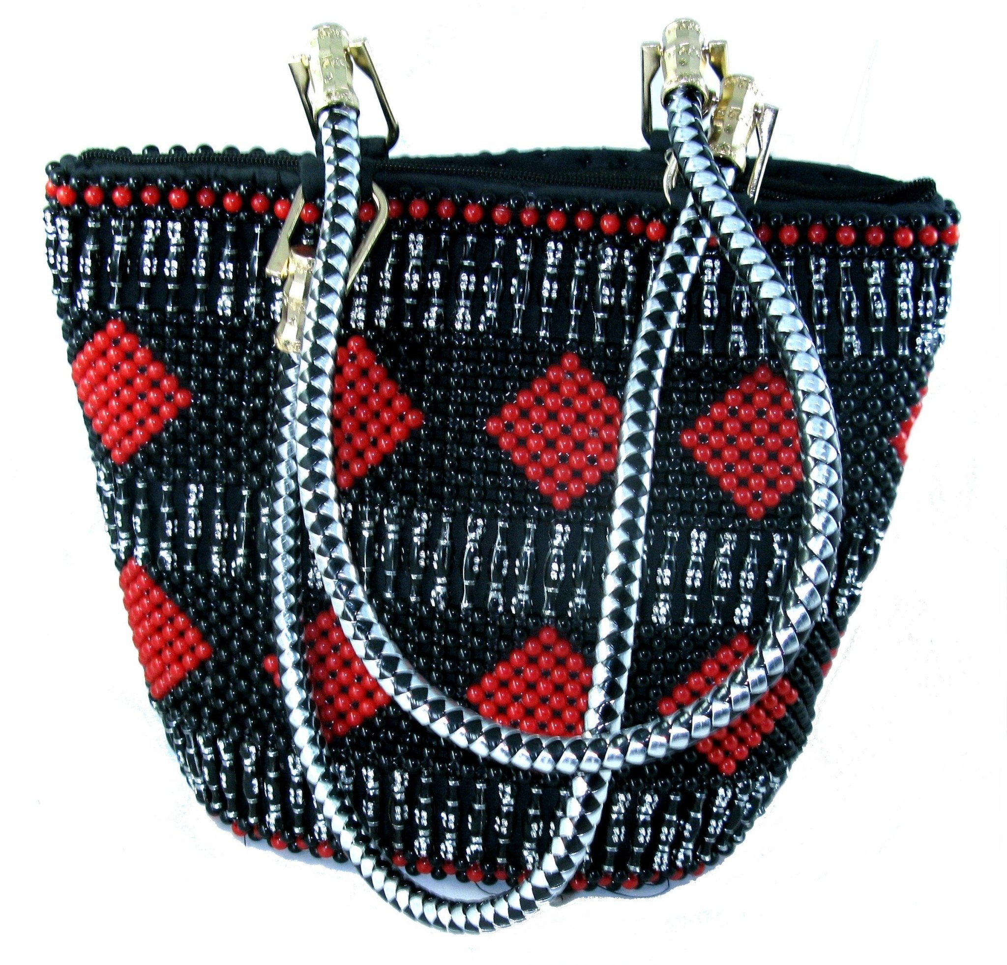 Beaded Leather Fashion Tote Handbag Bag - African Maasai Warrior Design - 33 x 26cm Lined with Zipped Pocket with StoryCard - FriendlyTradingCo