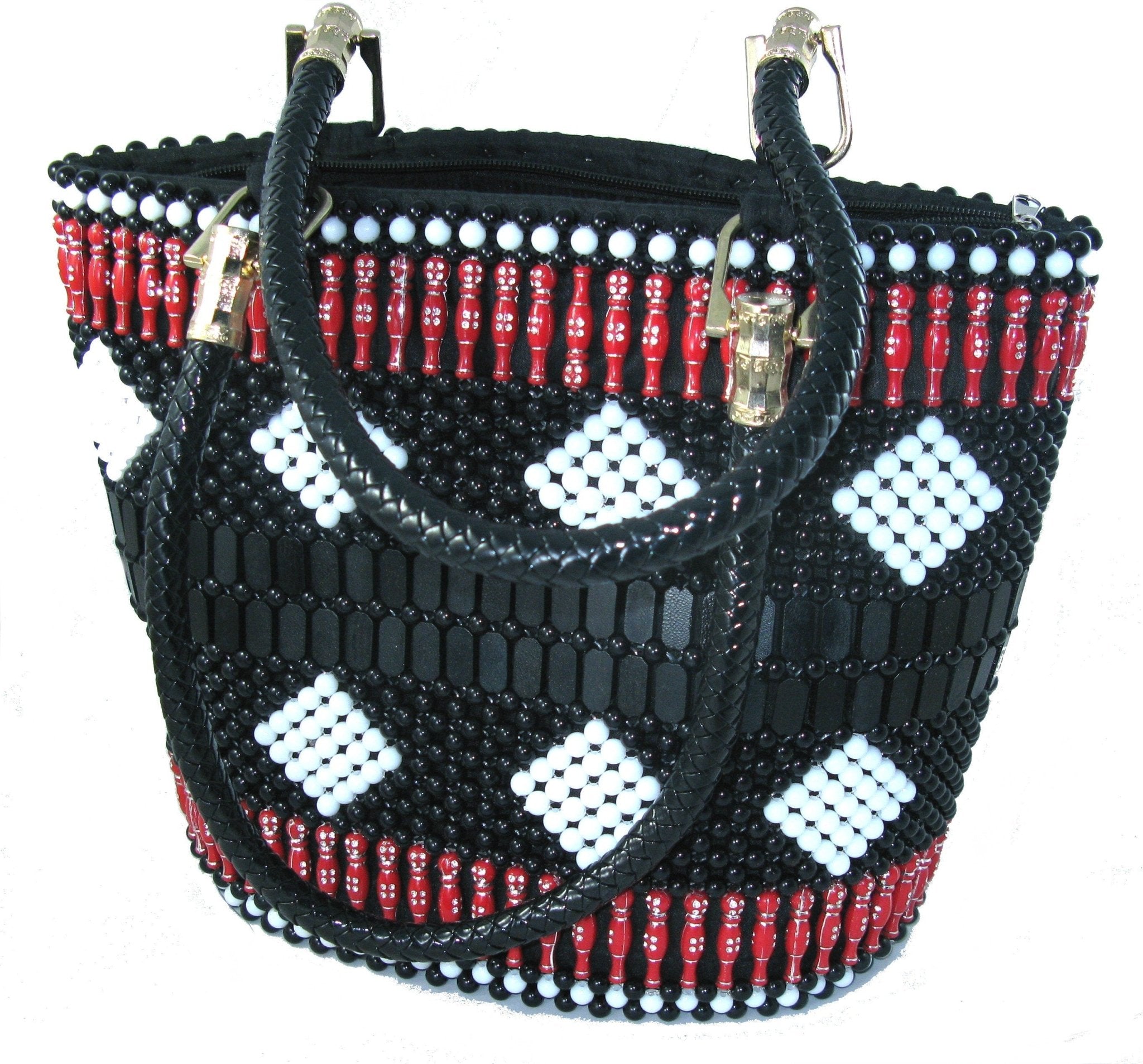 Beaded Leather Fashion Tote Handbag Bag - African Maasai Warrior Design - 33 x 26cm Lined with Zipped Pocket with StoryCard - FriendlyTradingCo