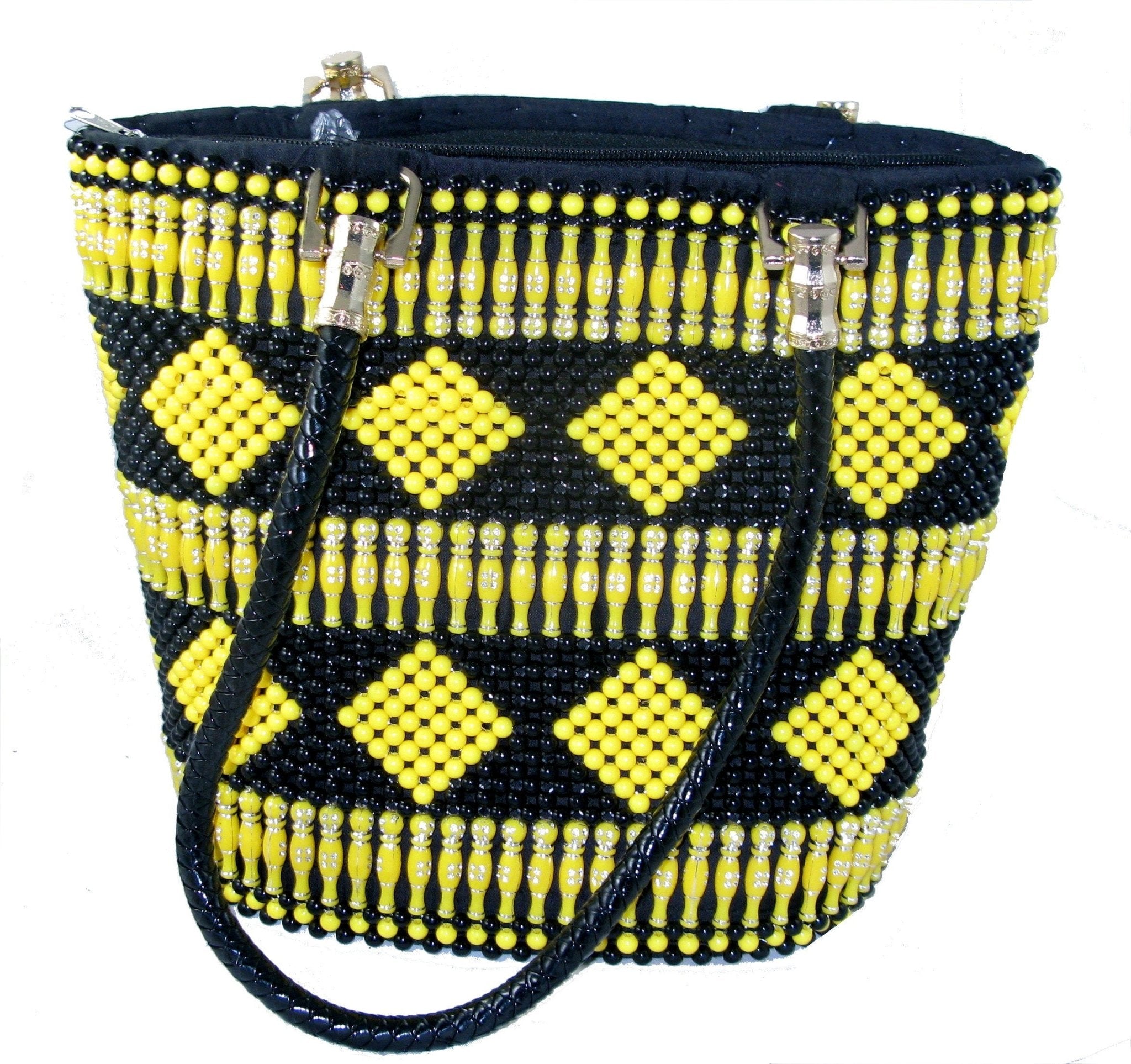 Beaded Leather Fashion Tote Handbag Bag - African Maasai Warrior Design - 33 x 26cm Lined with Zipped Pocket with StoryCard - FriendlyTradingCo