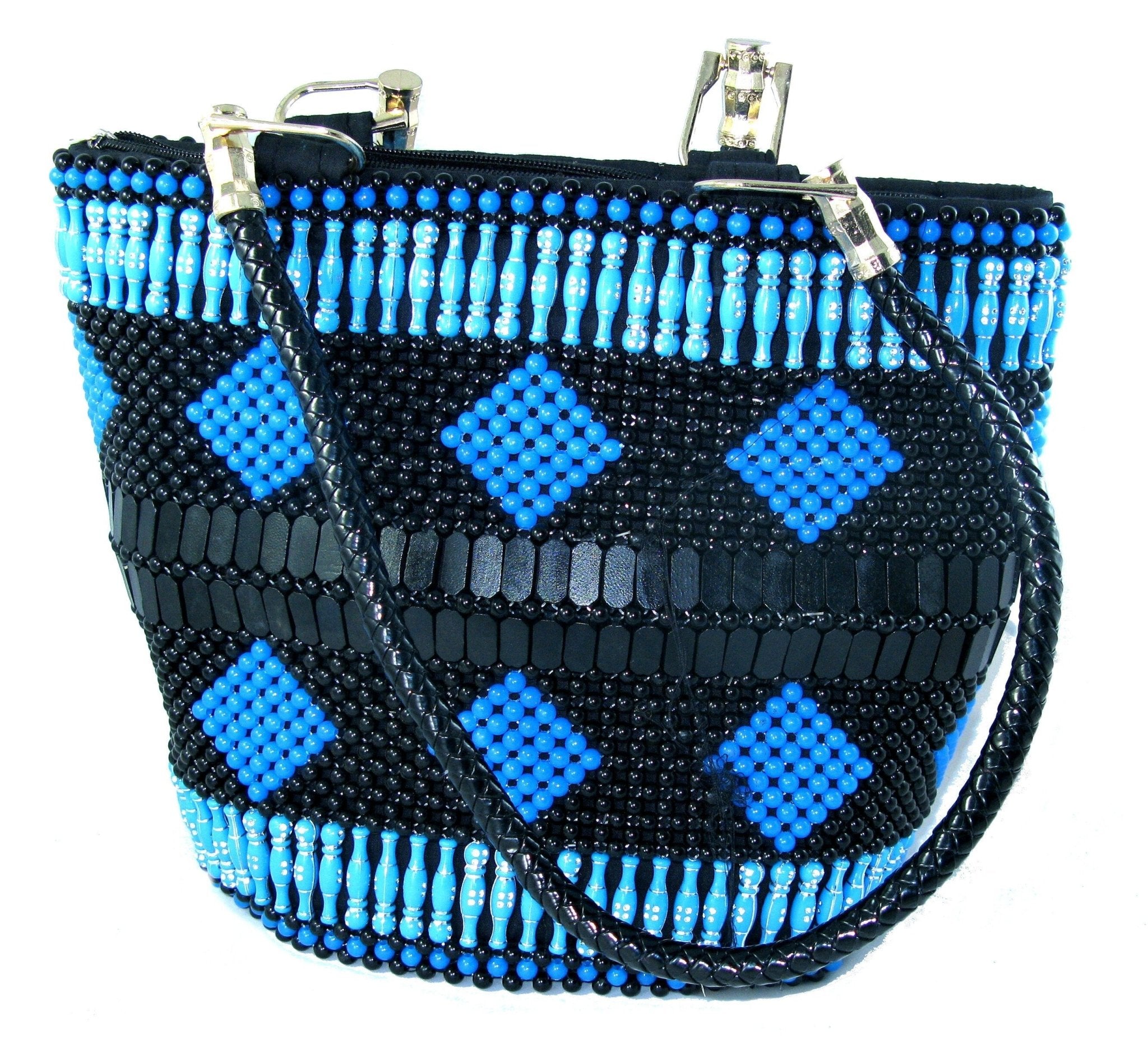 Beaded Leather Fashion Tote Handbag Bag - African Maasai Warrior Design - 33 x 26cm Lined with Zipped Pocket with StoryCard - FriendlyTradingCo