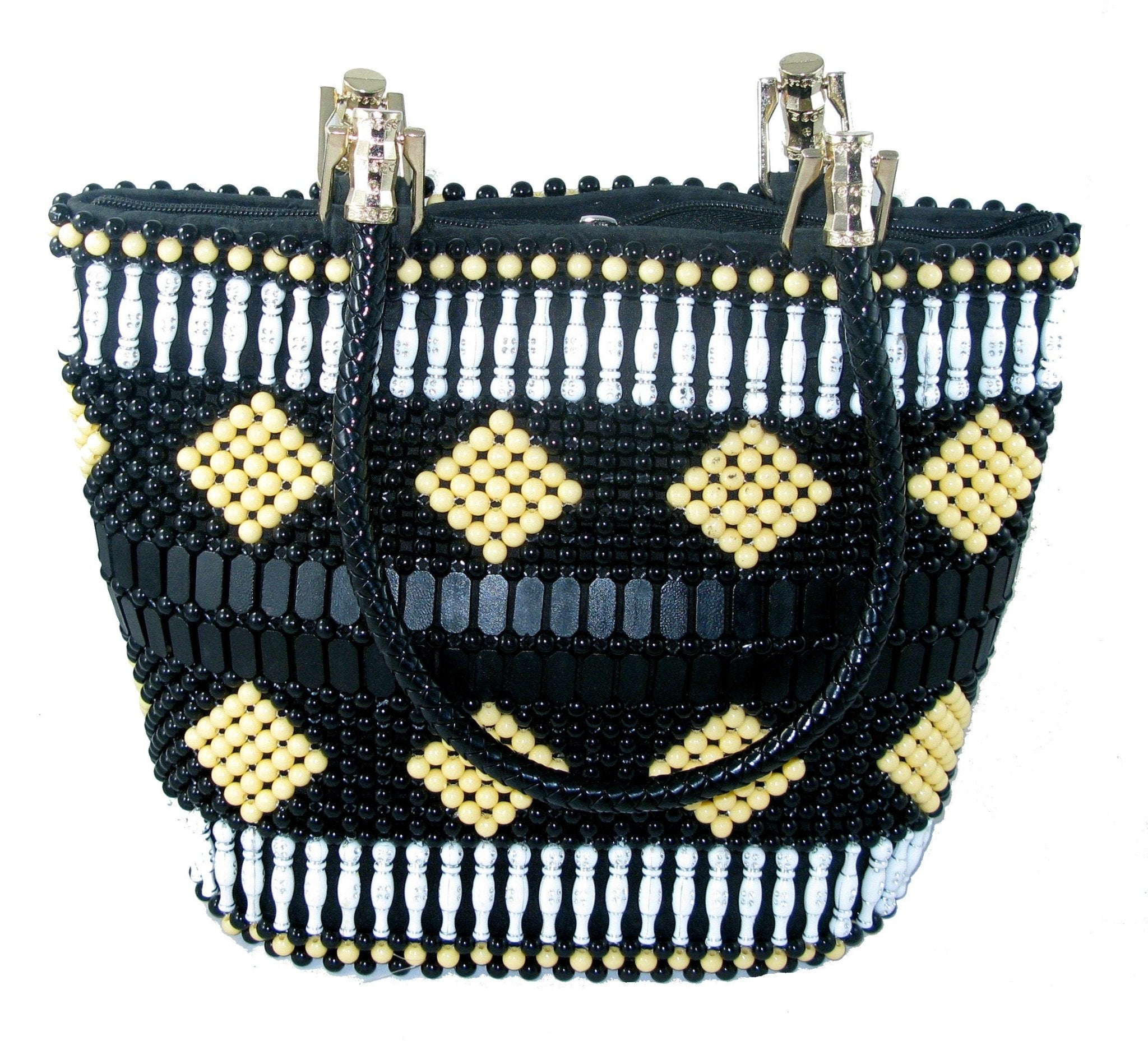 Beaded Leather Fashion Tote Handbag Bag - Massai design - 33 x 26cm Lined with Zipped Pocket - FriendlyTradingCo