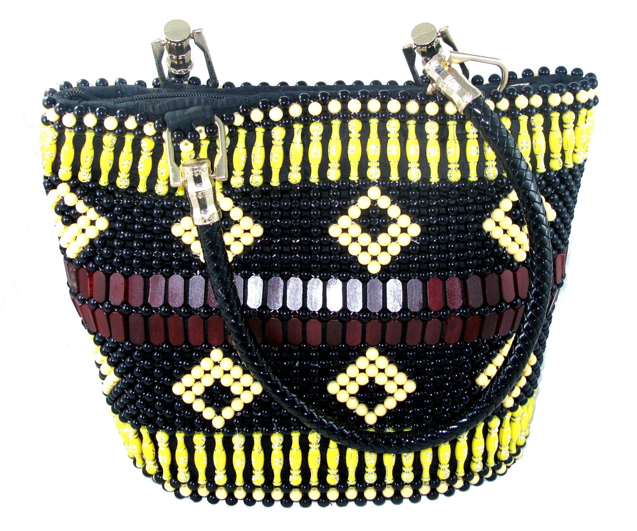 Beaded Leather Fashion Tote Handbag Bag - Massai design - 33 x 26cm Lined with Zipped Pocket - FriendlyTradingCo