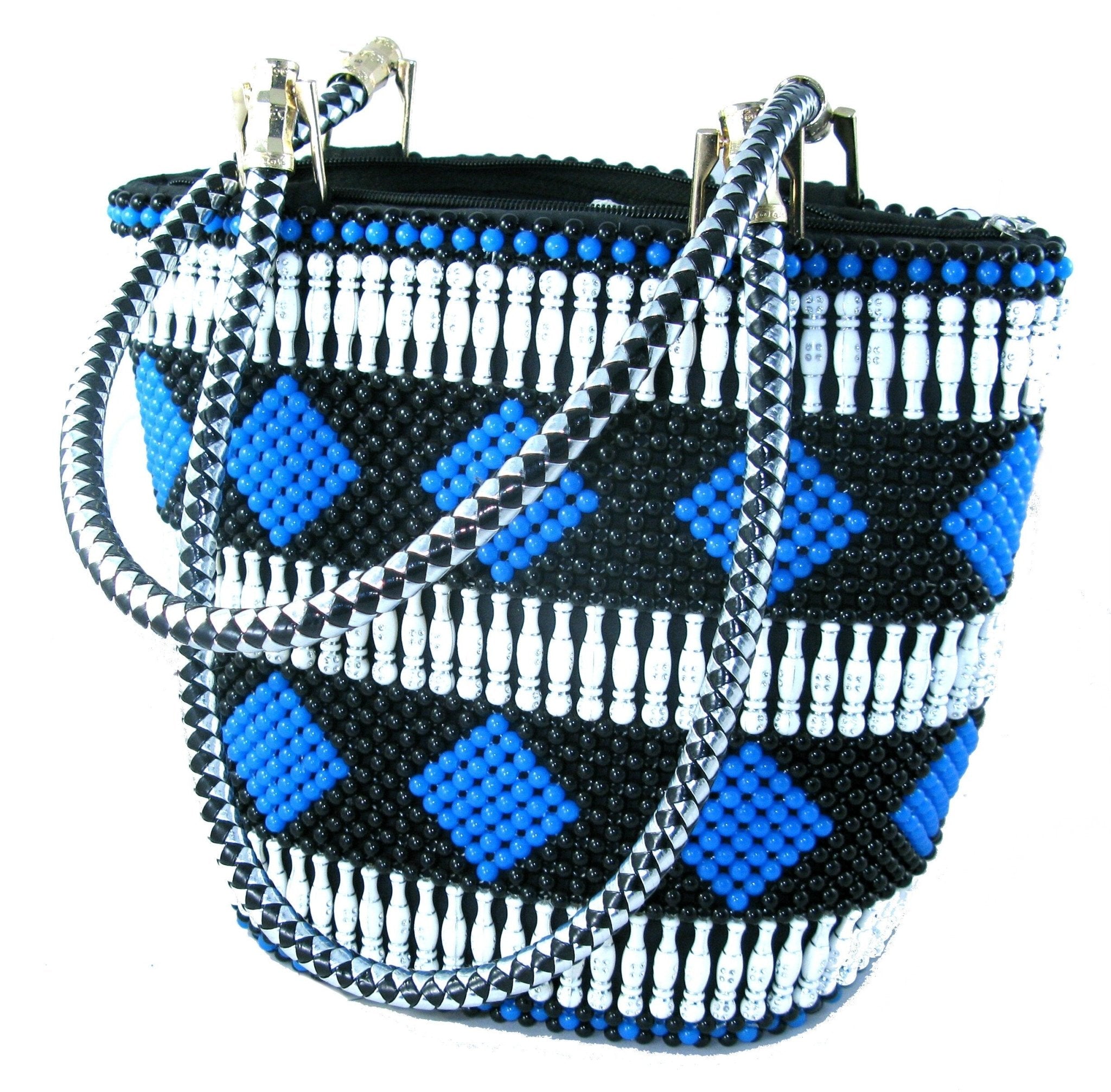 Beaded Leather Fashion Tote Handbag Bag - Massai design - 33 x 26cm Lined with Zipped Pocket - FriendlyTradingCo