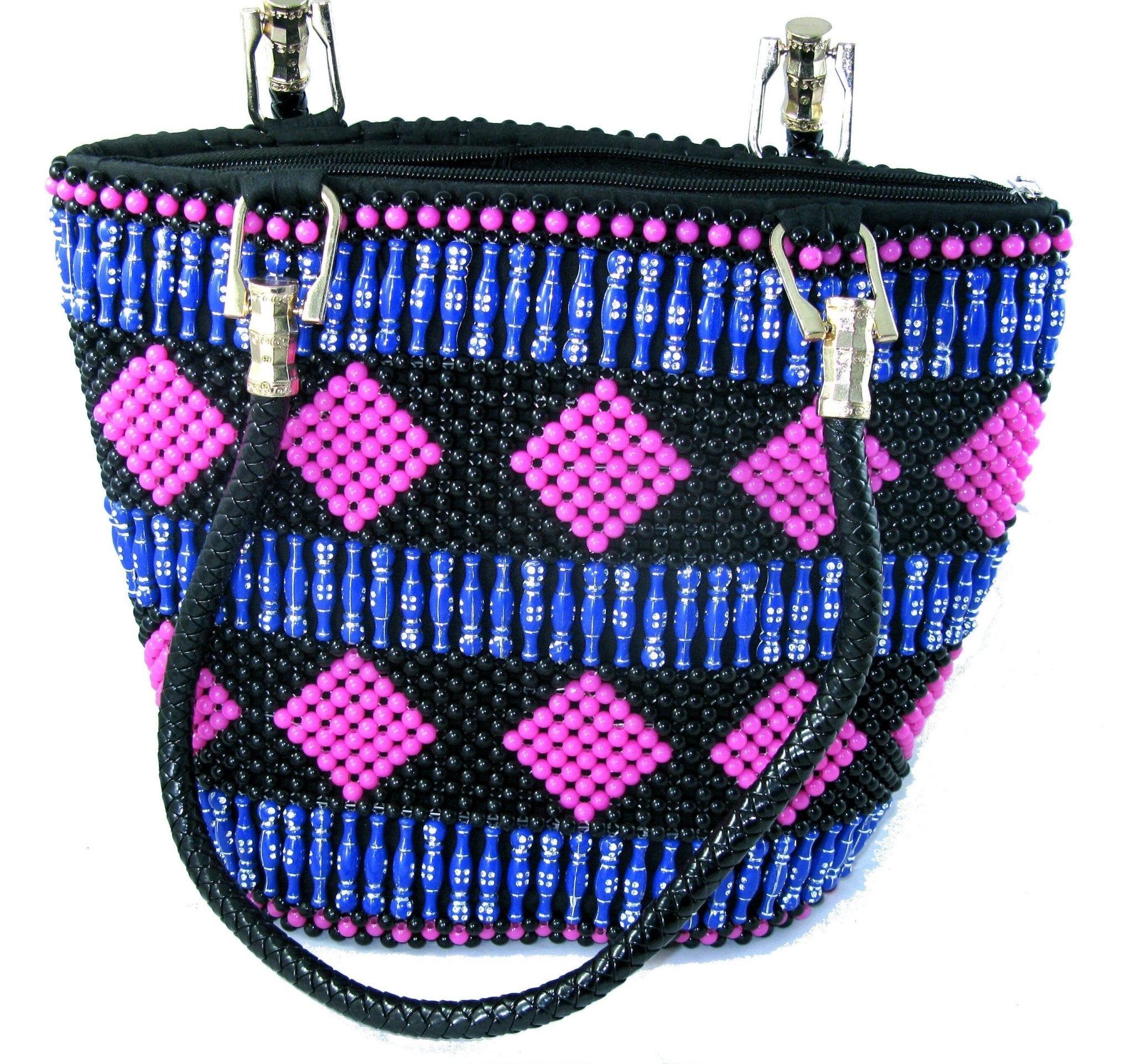 Beaded Leather Fashion Tote Handbag Bag - Massai design - 33 x 26cm Lined with Zipped Pocket - FriendlyTradingCo