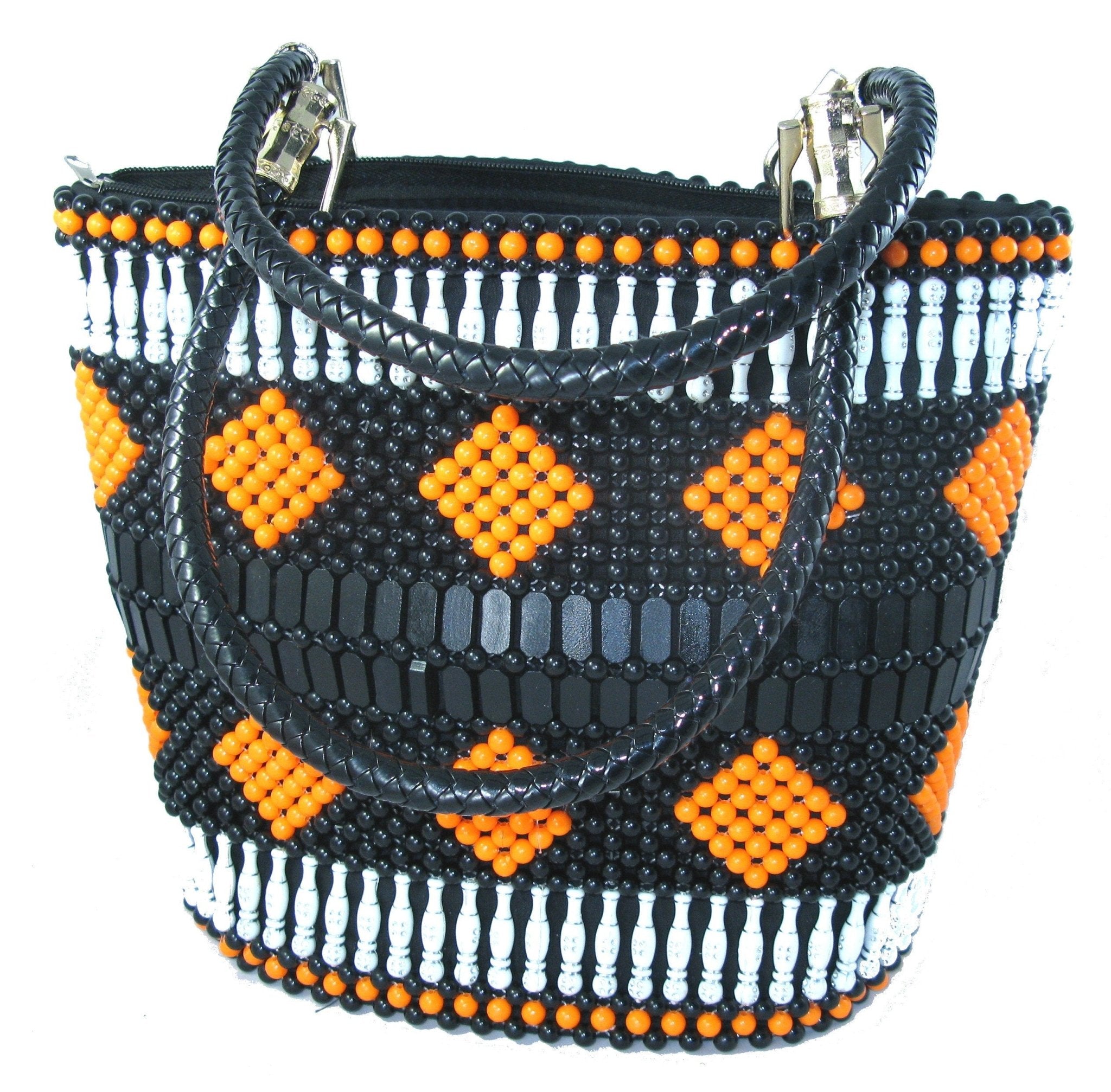 Beaded Leather Fashion Tote Handbag Bag - Massai design - 33 x 26cm Lined with Zipped Pocket - FriendlyTradingCo