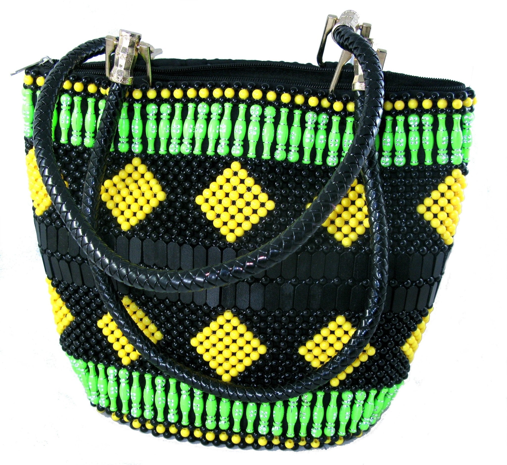 Beaded Leather Fashion Tote Handbag Bag - Massai design - 33 x 26cm Lined with Zipped Pocket - FriendlyTradingCo