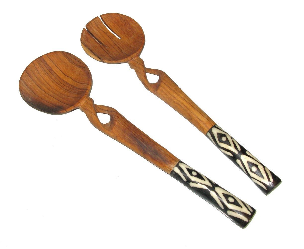 Chunky Olive Wood Salad Servers with Decorative Bone Handles 30cm 12 inch with Storycard - FriendlyTradingCo