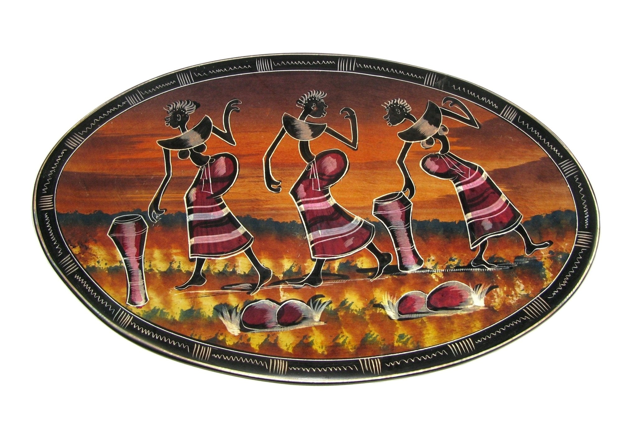 Collectable Stone Oval Display Plate 12 inch / 30 cm wide 3 Designs: African Dancers / Village Sunset / Giraffe Family with Story - card - FriendlyTradingCo