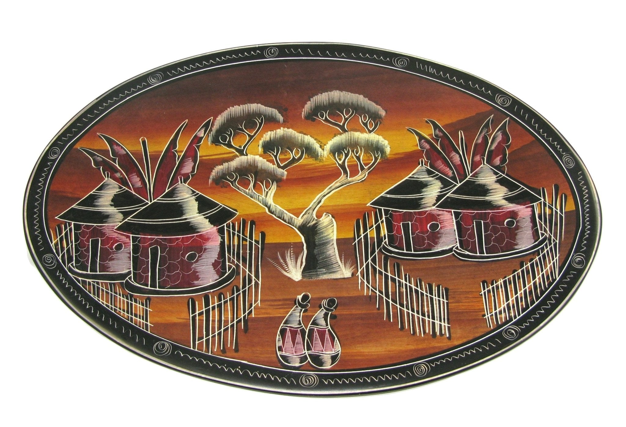 Collectable Stone Oval Display Plate 12 inch / 30 cm wide 3 Designs: African Dancers / Village Sunset / Giraffe Family with Story - card - FriendlyTradingCo