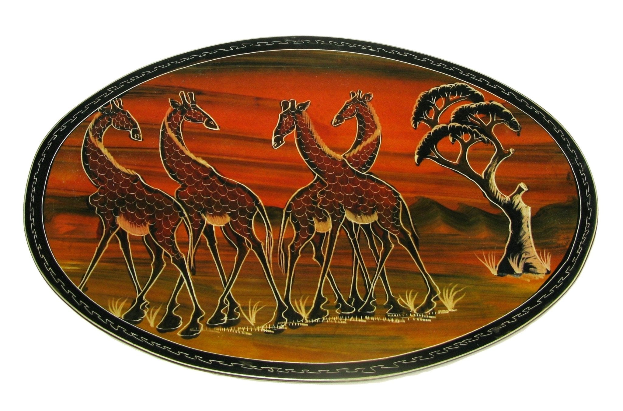 Collectable Stone Oval Display Plate 12 inch / 30 cm wide 3 Designs: African Dancers / Village Sunset / Giraffe Family with Story - card - FriendlyTradingCo