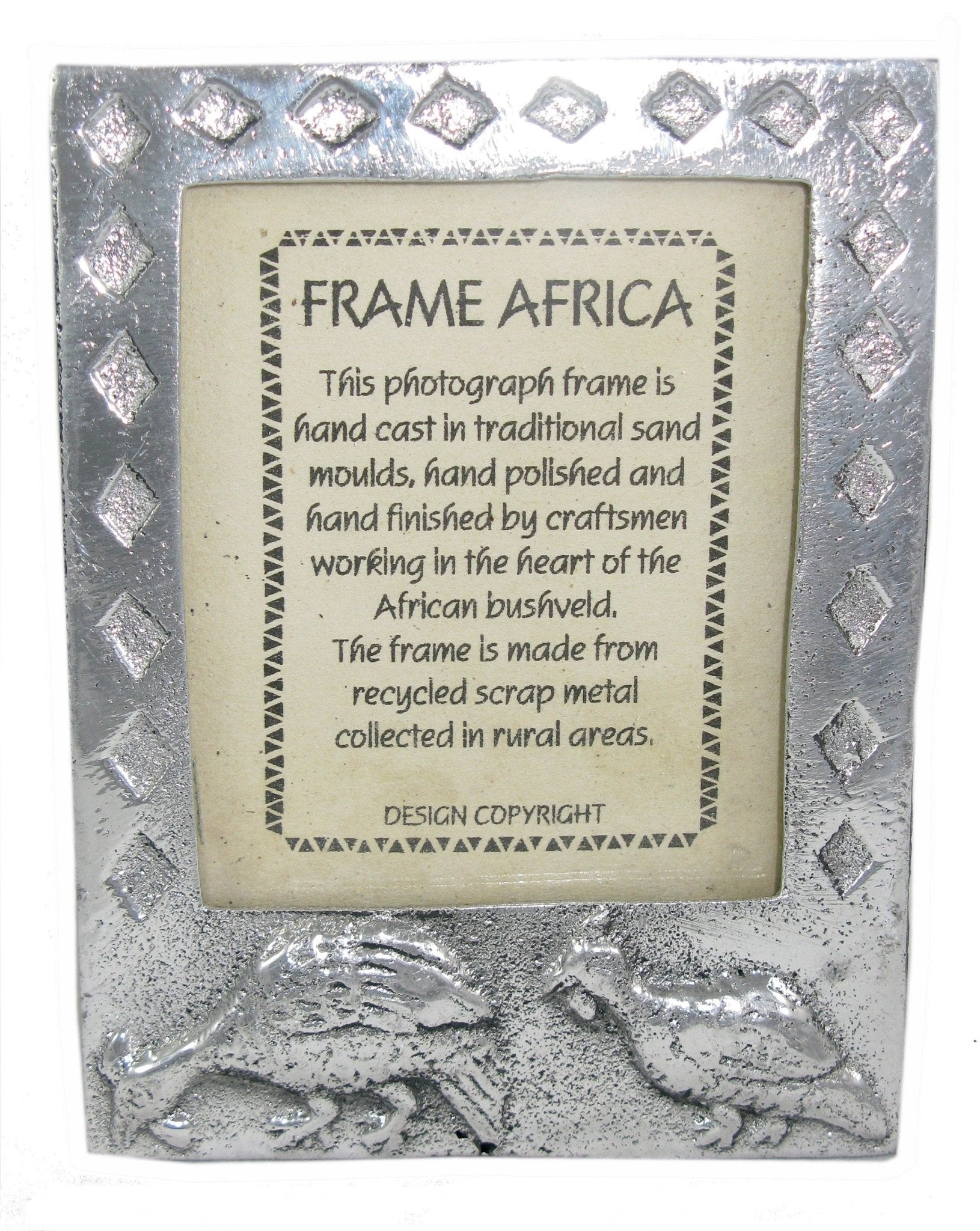 Frame Africa Hand Cast African Photo Frame made for Recycled Metal 3 x 4 in Photo Elephant / Guinea Fowl designs - FriendlyTradingCo